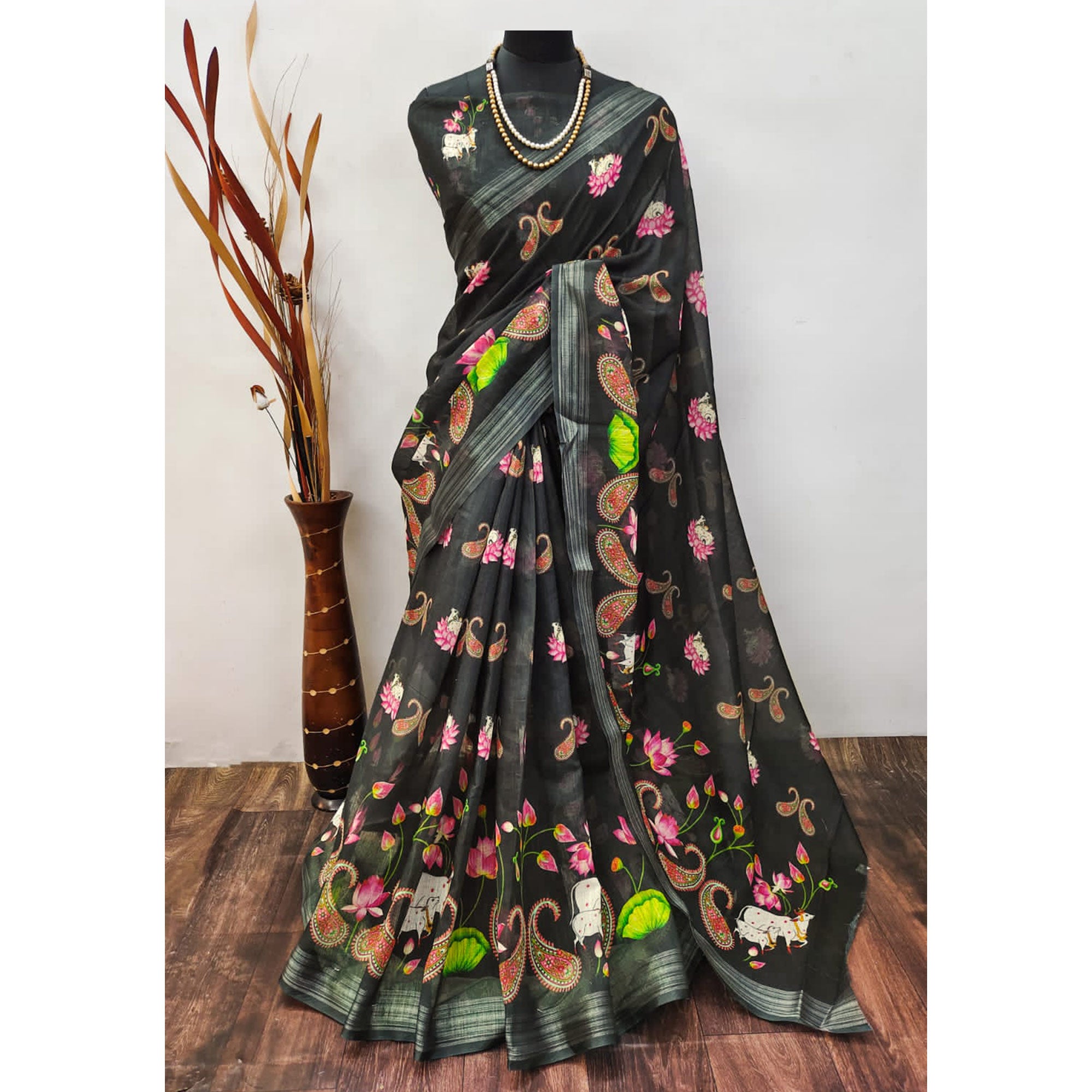 Black Digital Printed Linen Saree