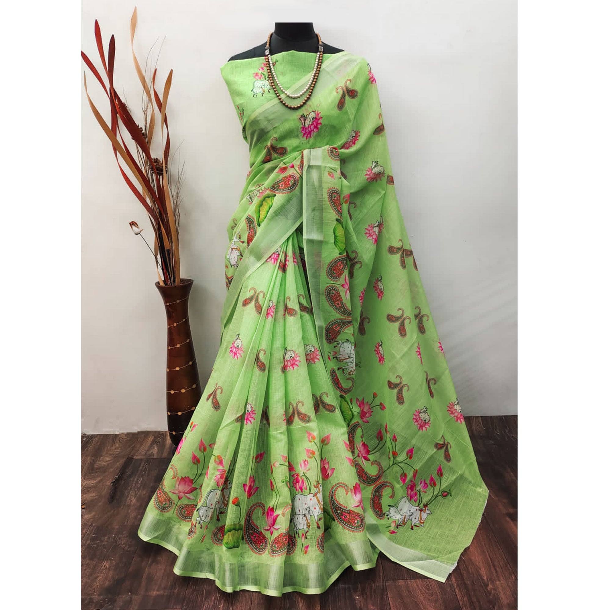 Pista Green Digital Printed Linen Saree