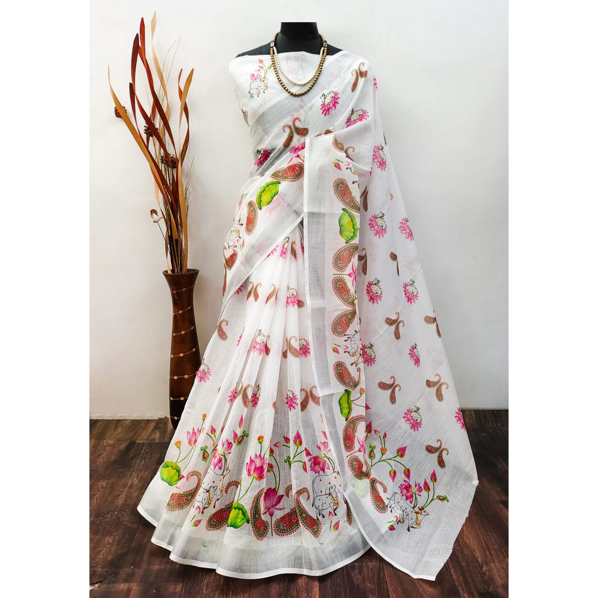 White Digital Printed Linen Saree