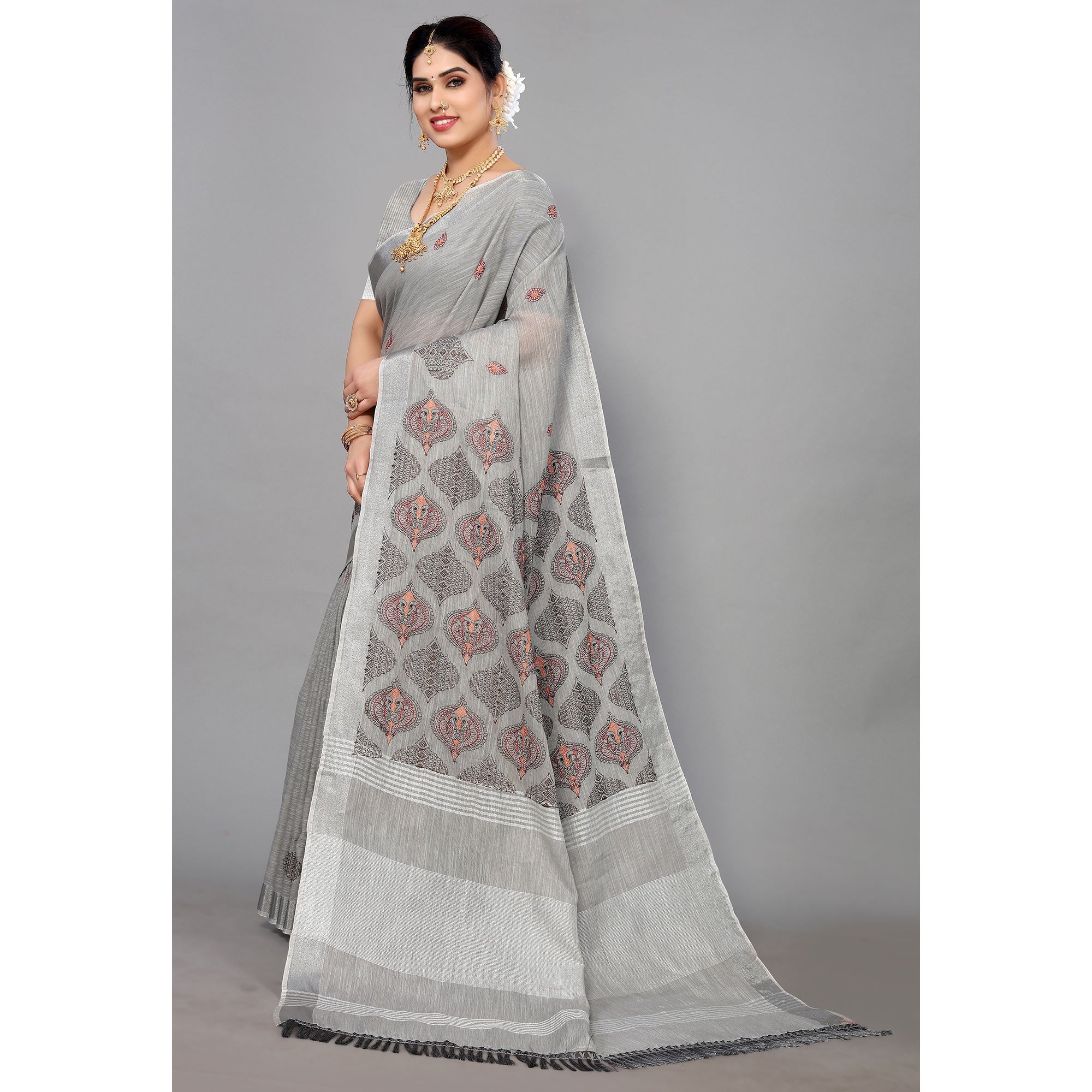 Grey Embroidered Cotton Silk Saree With Tassels