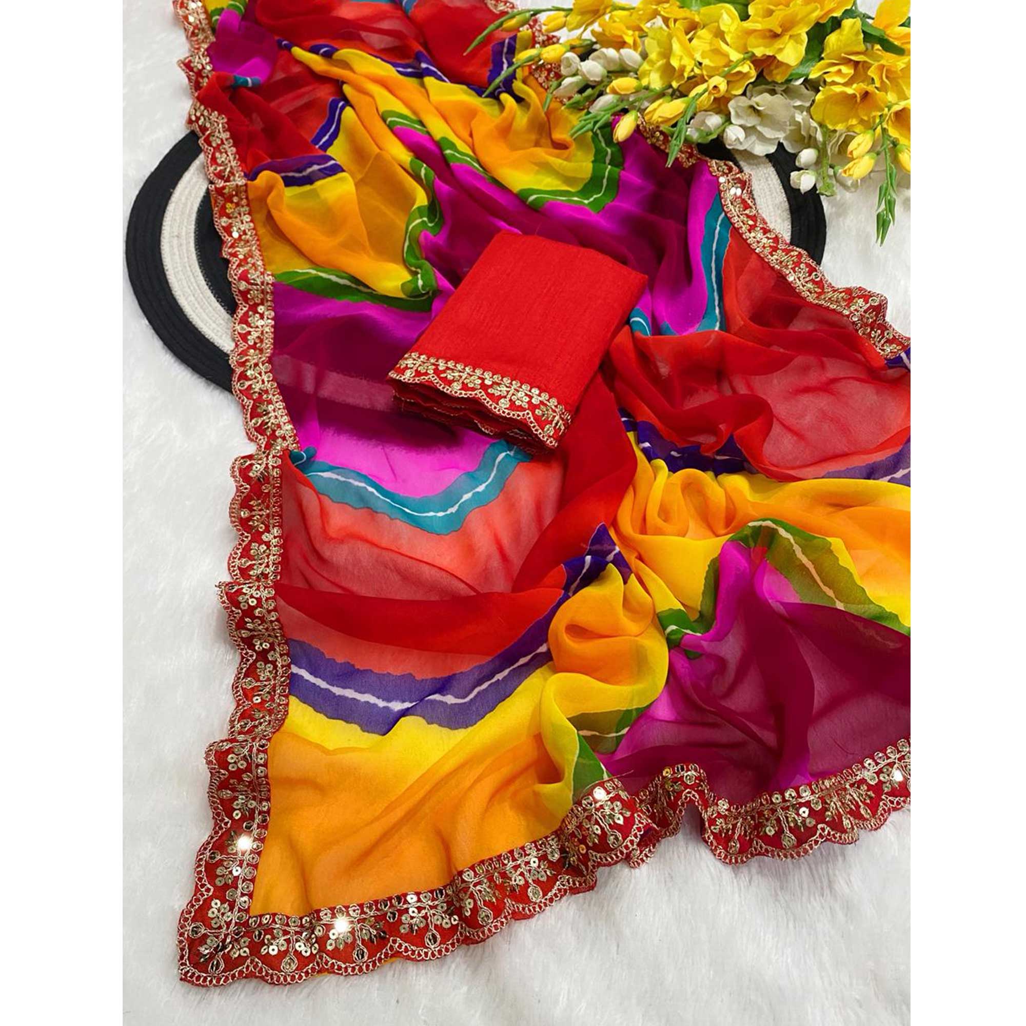 Multicolor Leheriya Print Saree in Flowing Georgette Fabric with Sequins Border Highlight