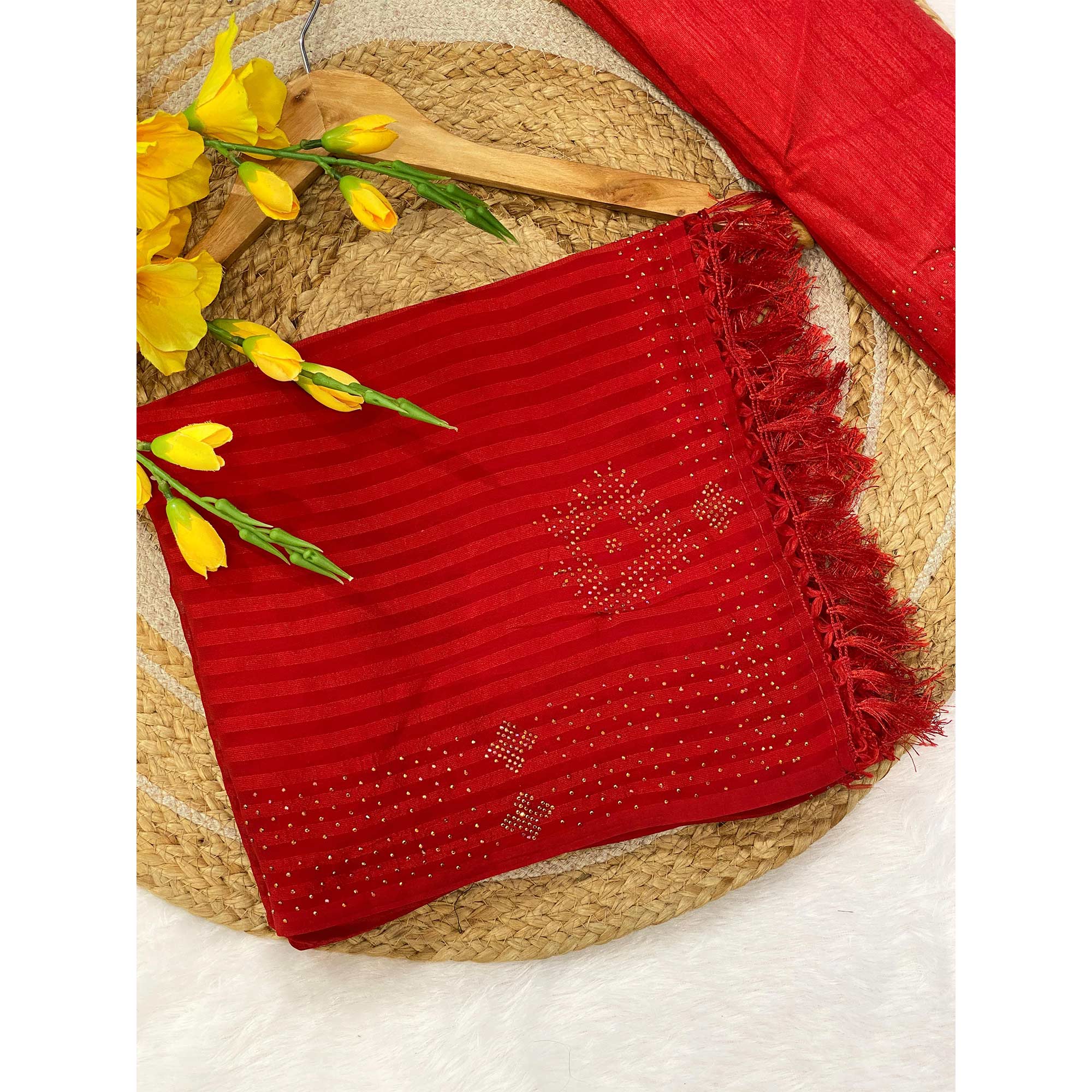 Red Lightweight Woven Chiffon Saree Enhanced with Swarovski Work