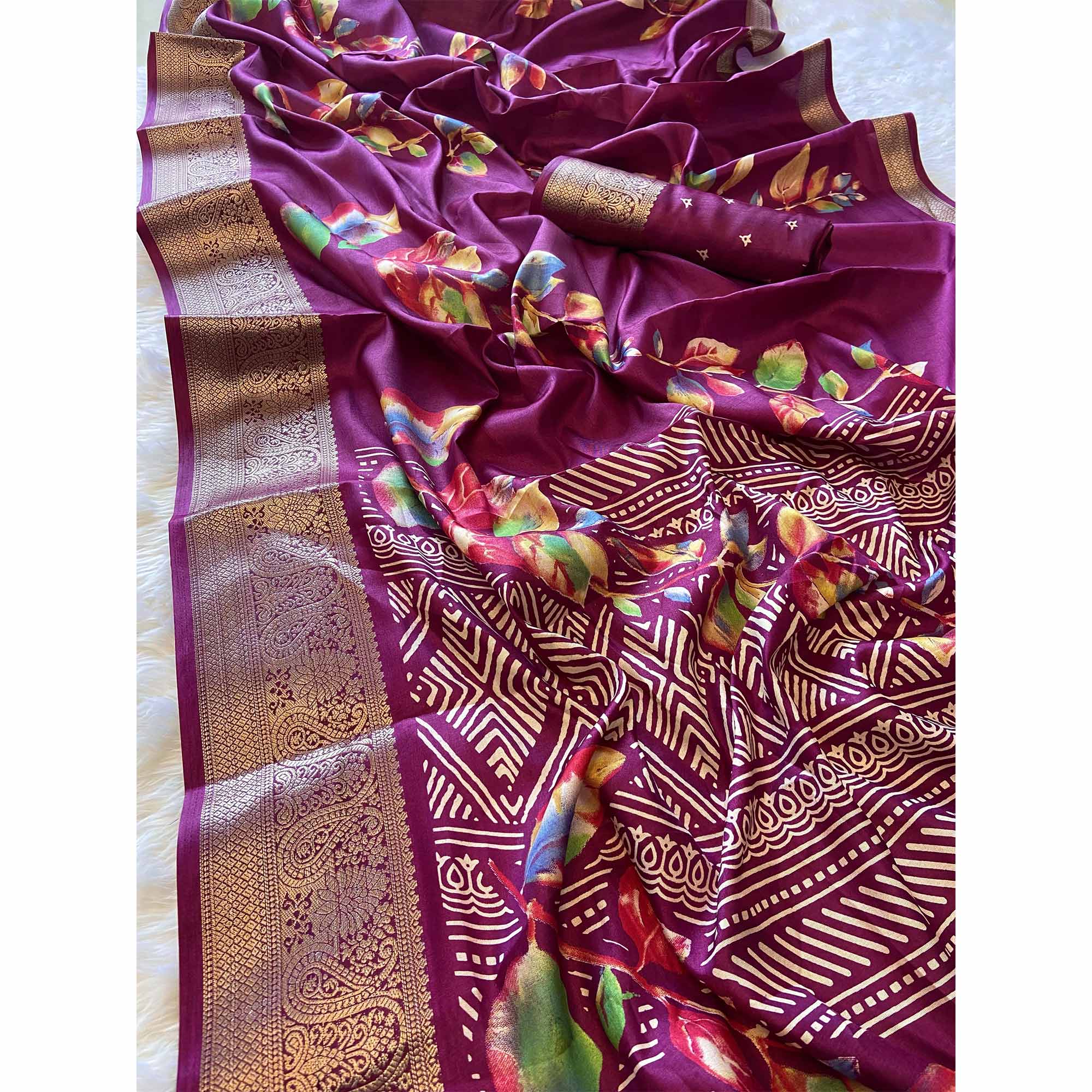 Magenta Floral Printed Dola Silk Saree