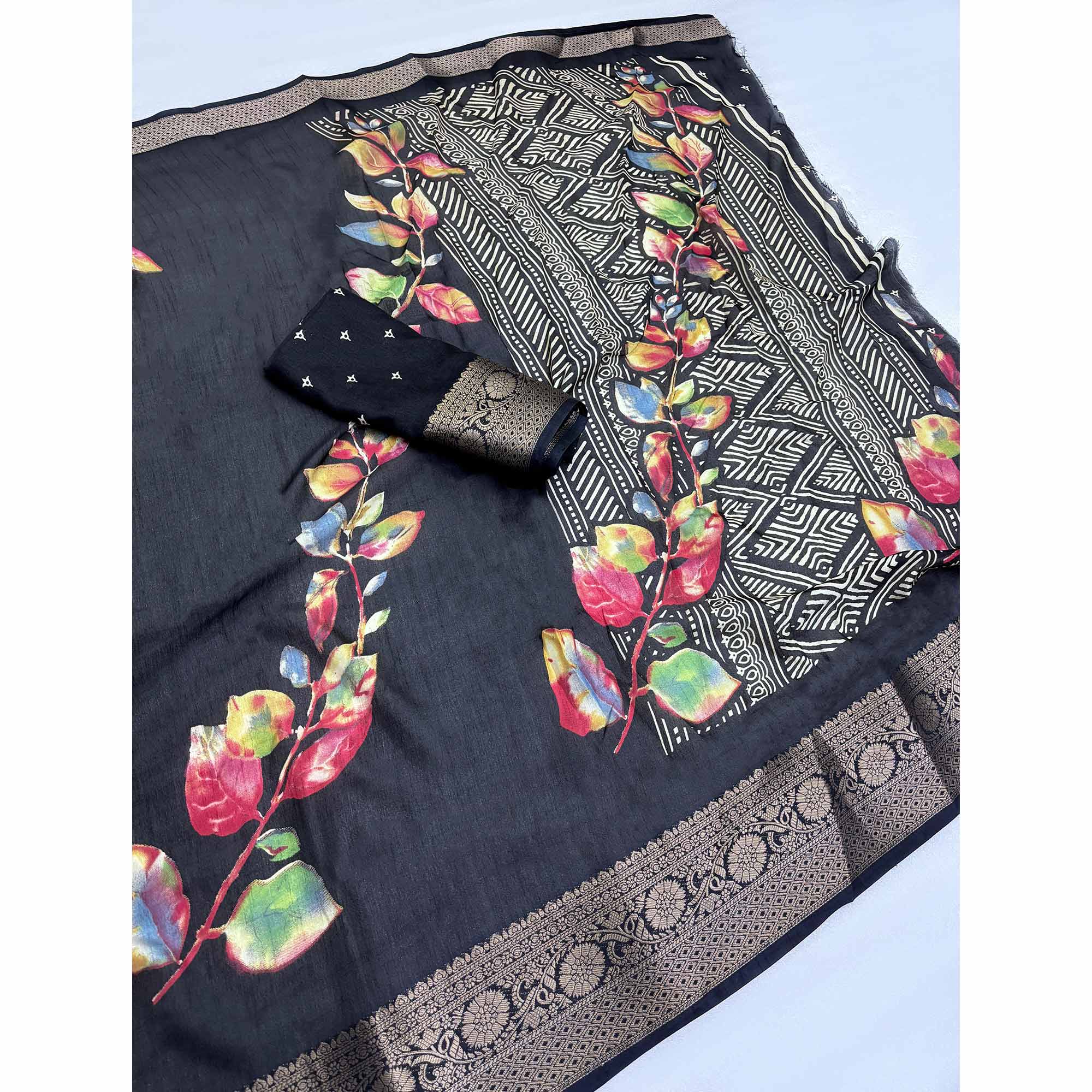 Black Printed Dola Silk Saree With Jacquard Border