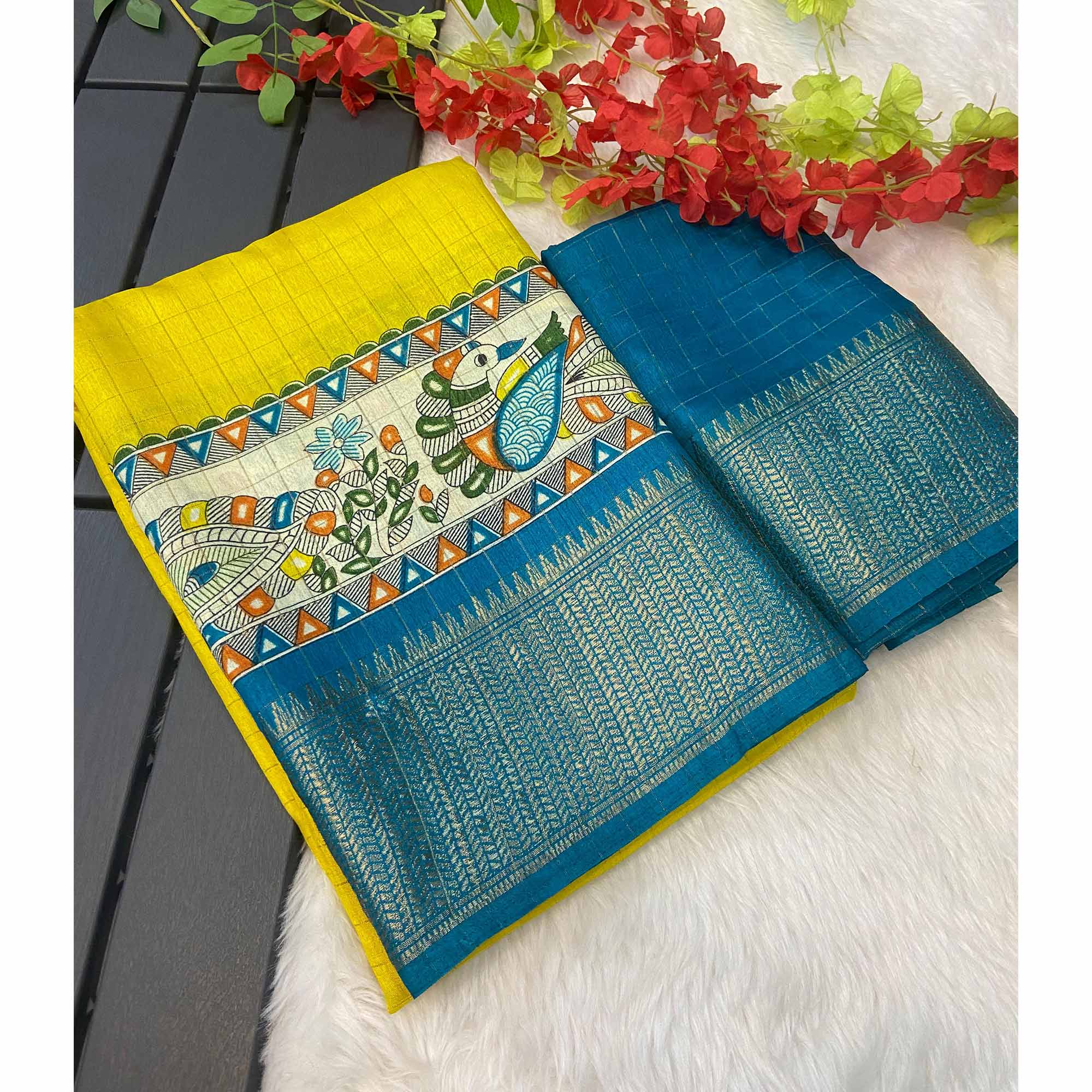 Yellow Madhubani Work Woven Dola Silk Saree