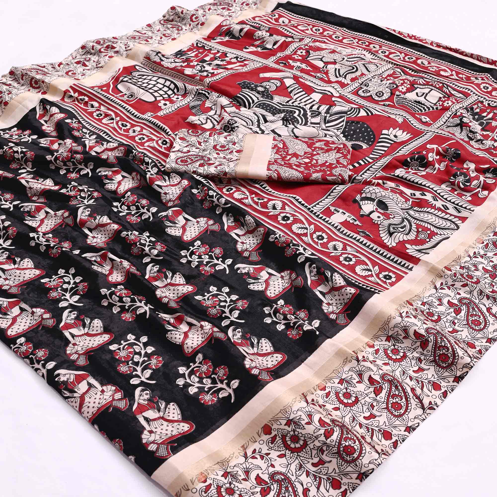 Black Kalamkari Print on Soft Mulmul Cotton Saree for Effortless Style