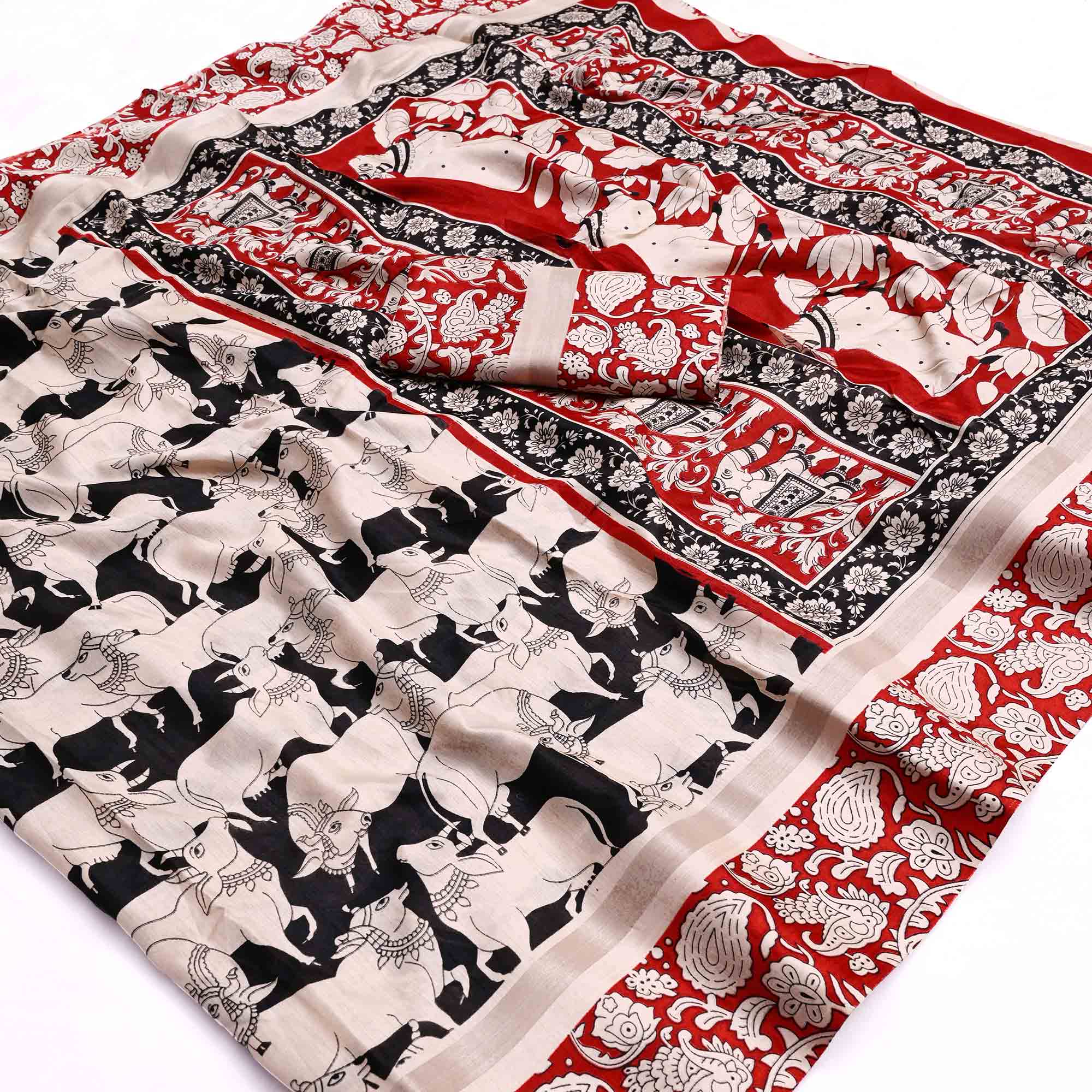 Black & Red Kalamkari Print on Soft Mulmul Cotton Saree for Effortless Style