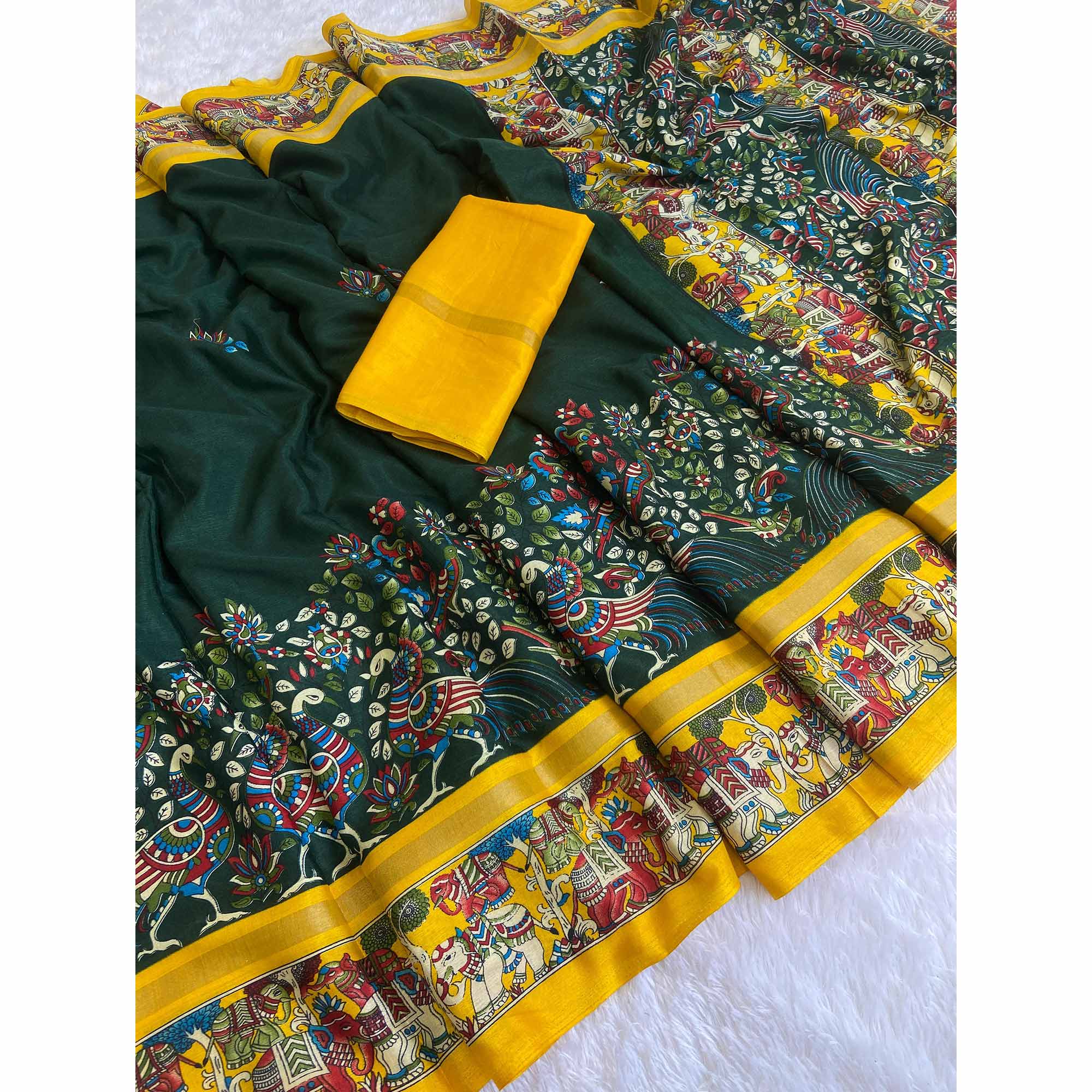 Green Kalamkari Print on Soft Mulmul Cotton Saree for Effortless Style