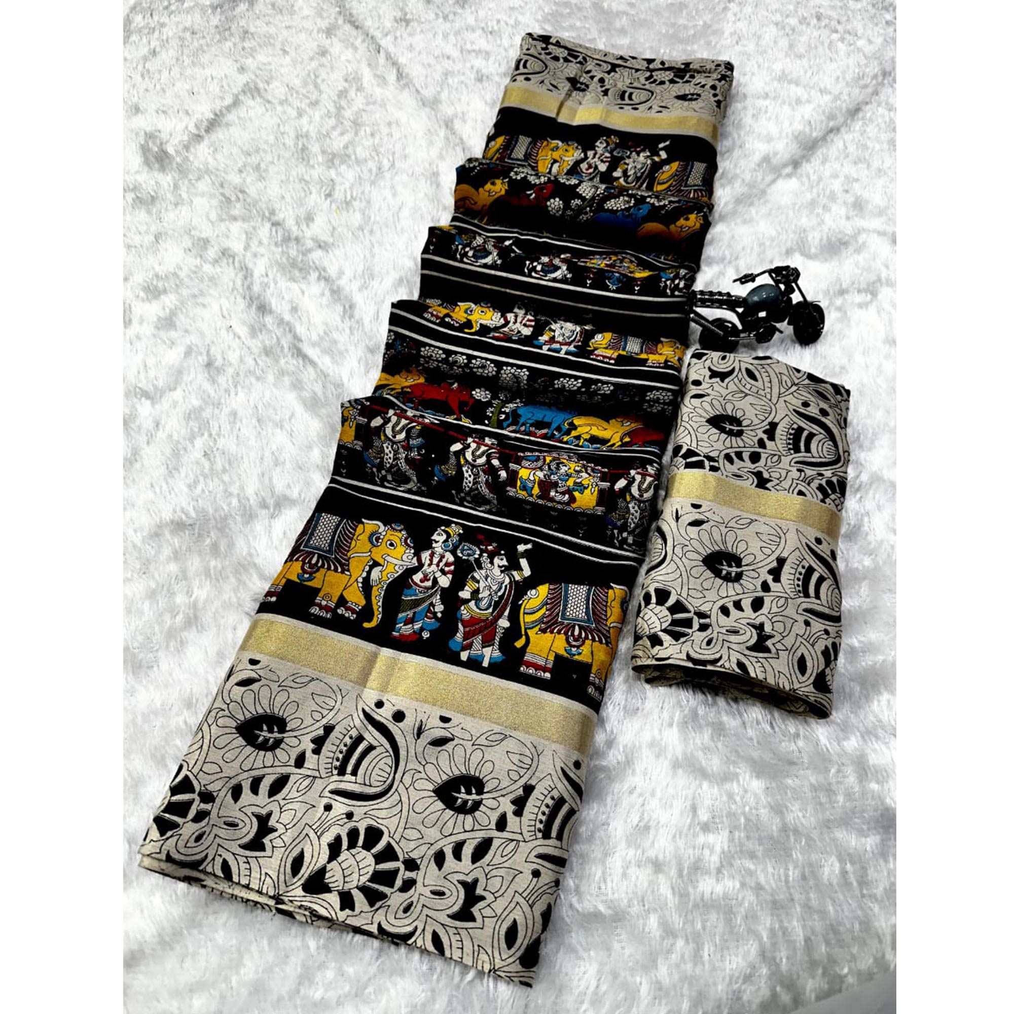 Grey & Black Kalamkari Printed Pure Mulmul Cotton Saree