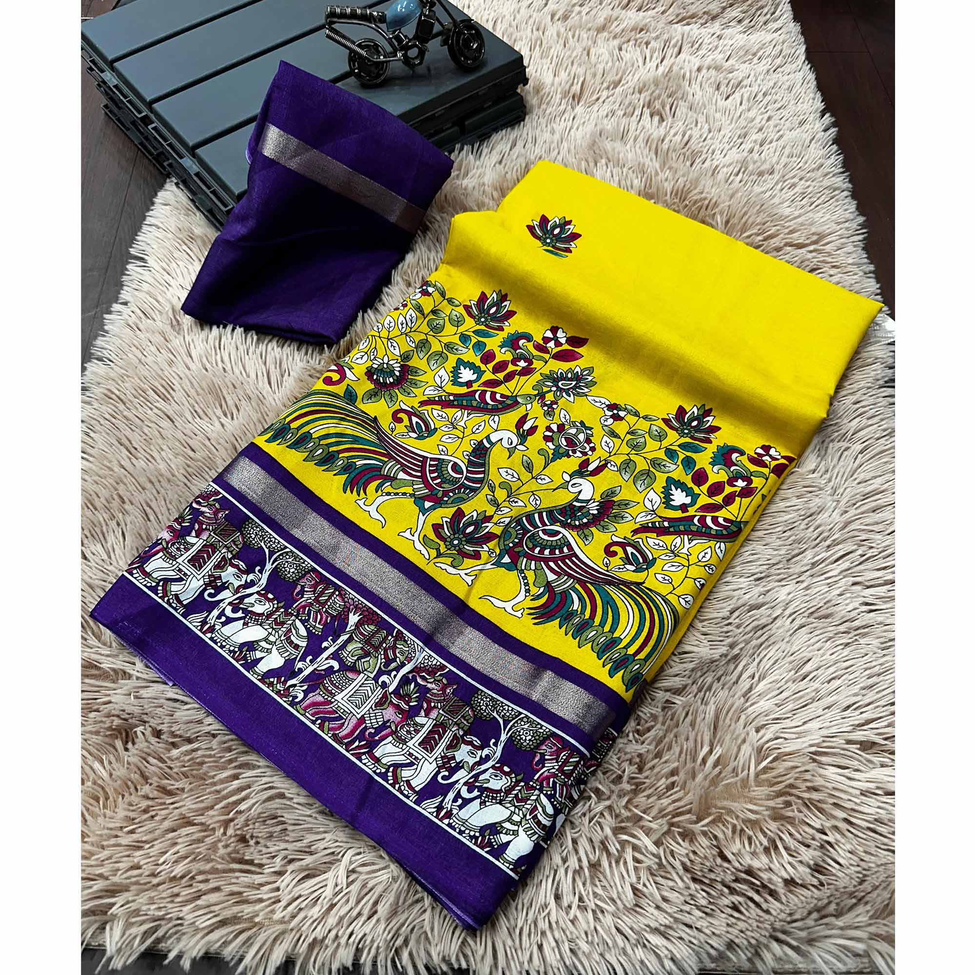 Yellow Kalamkari Printed Pure Mulmul Cotton Saree