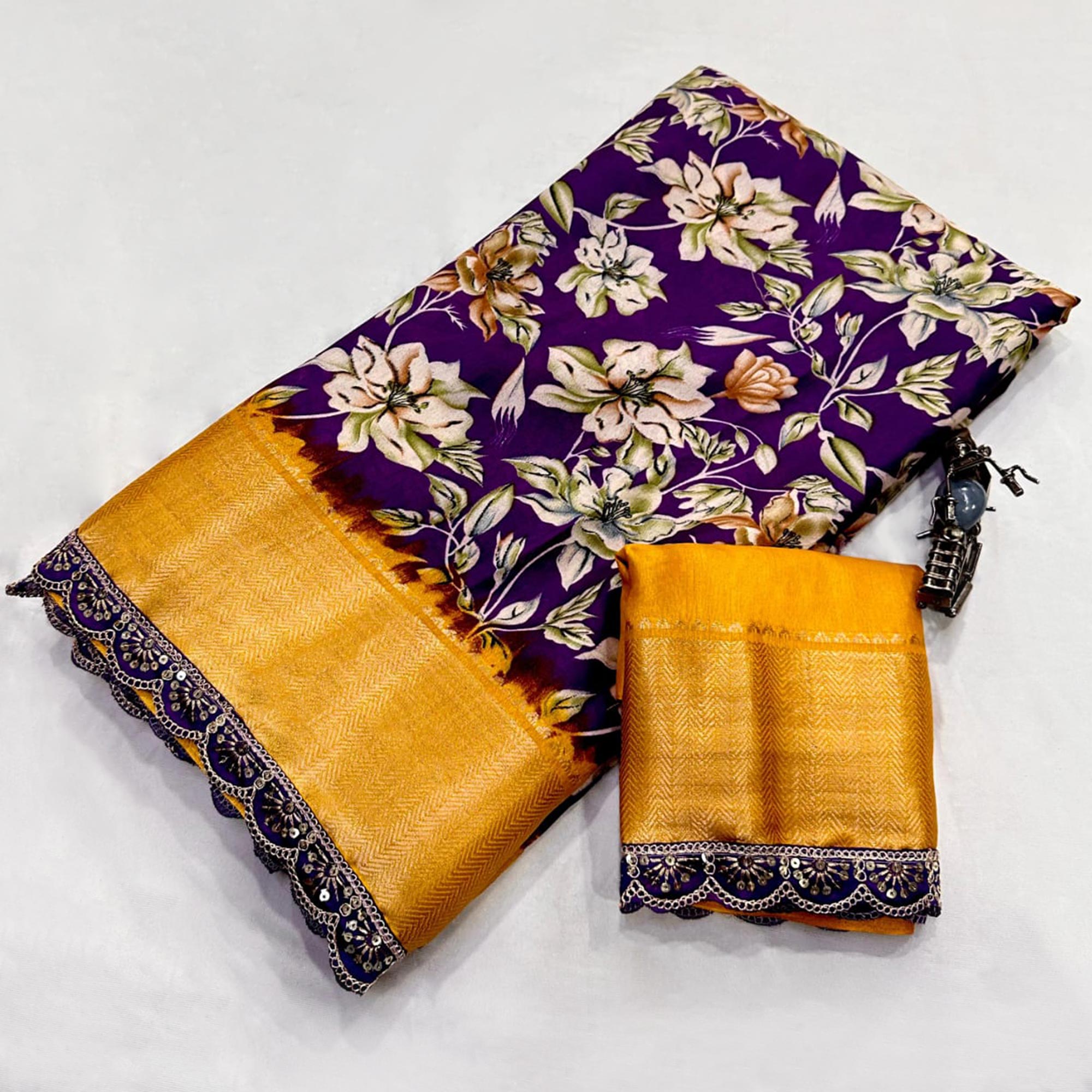 Purple Floral Printed Dola Silk Saree With Zari Border