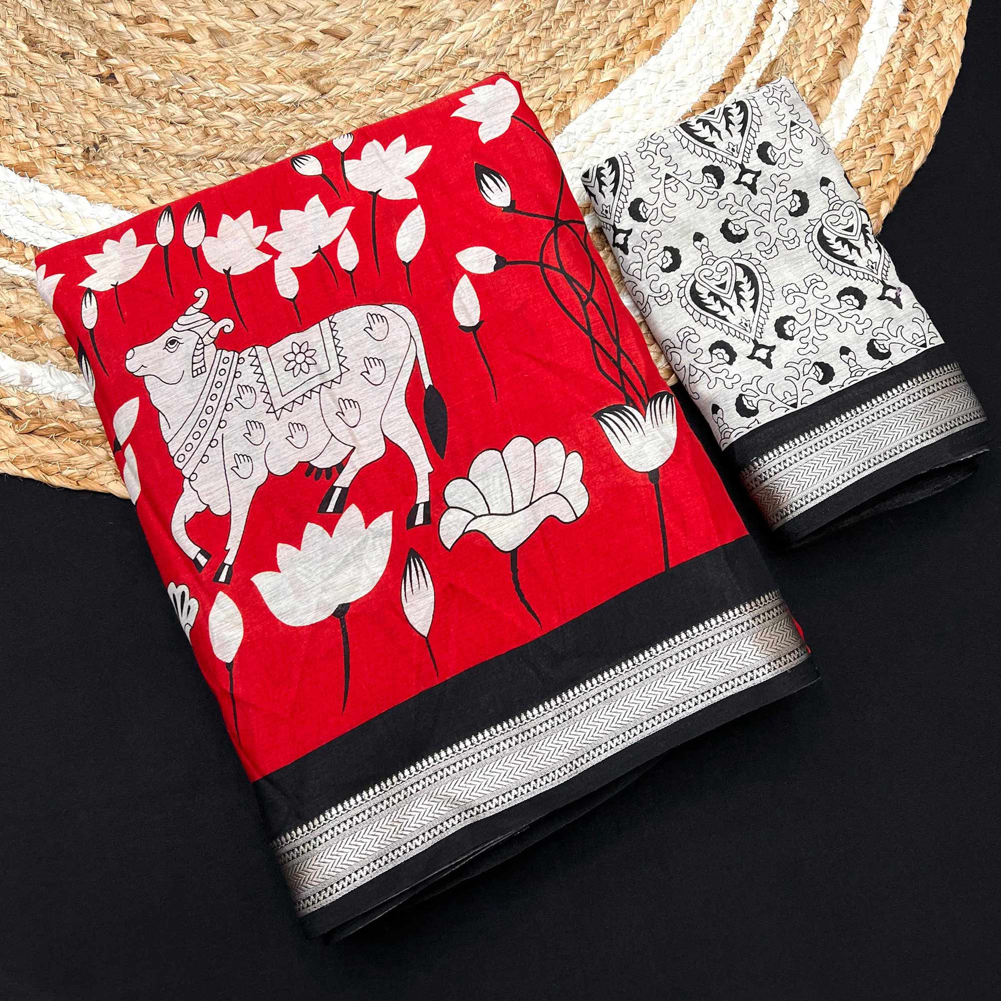 Red Pichwai-Inspired Kalamkari Print on Soft Pure Cotton Saree