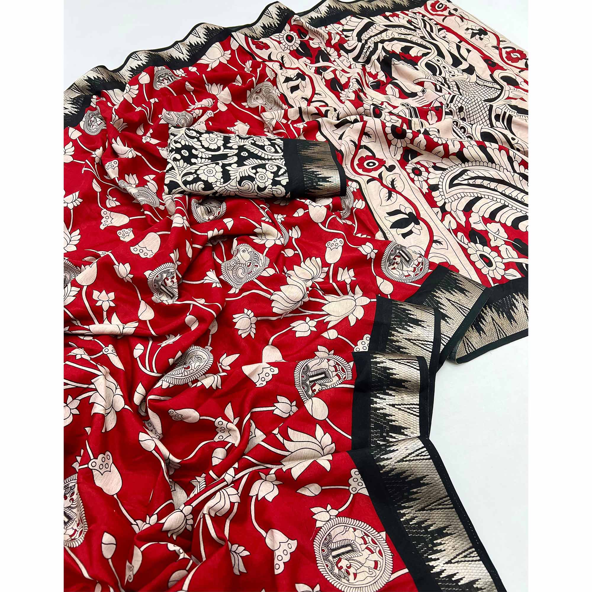 Red & Off White Pichwai-Inspired Kalamkari Print on Soft Pure Cotton Saree