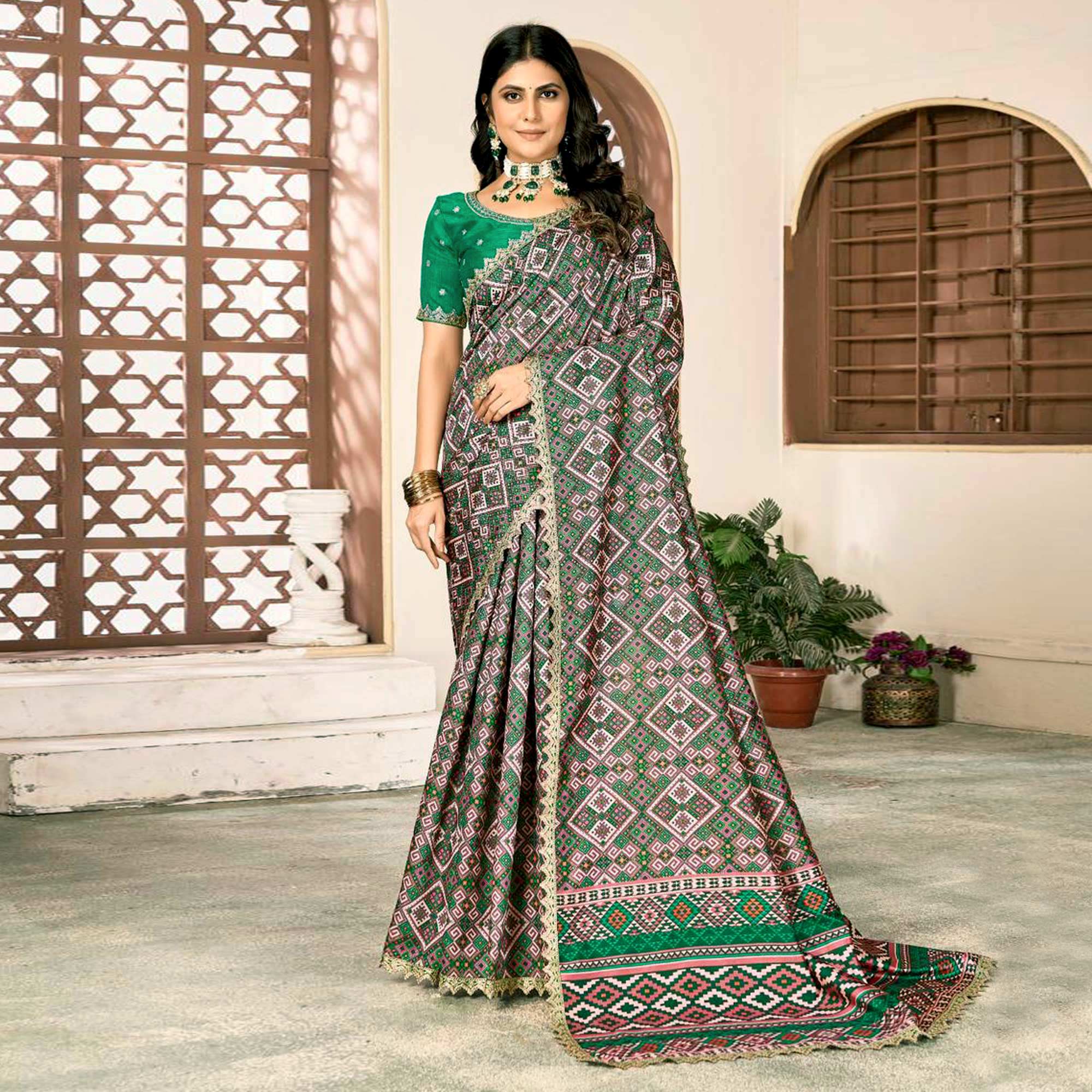 Green Printed Patola Tussar Silk Saree