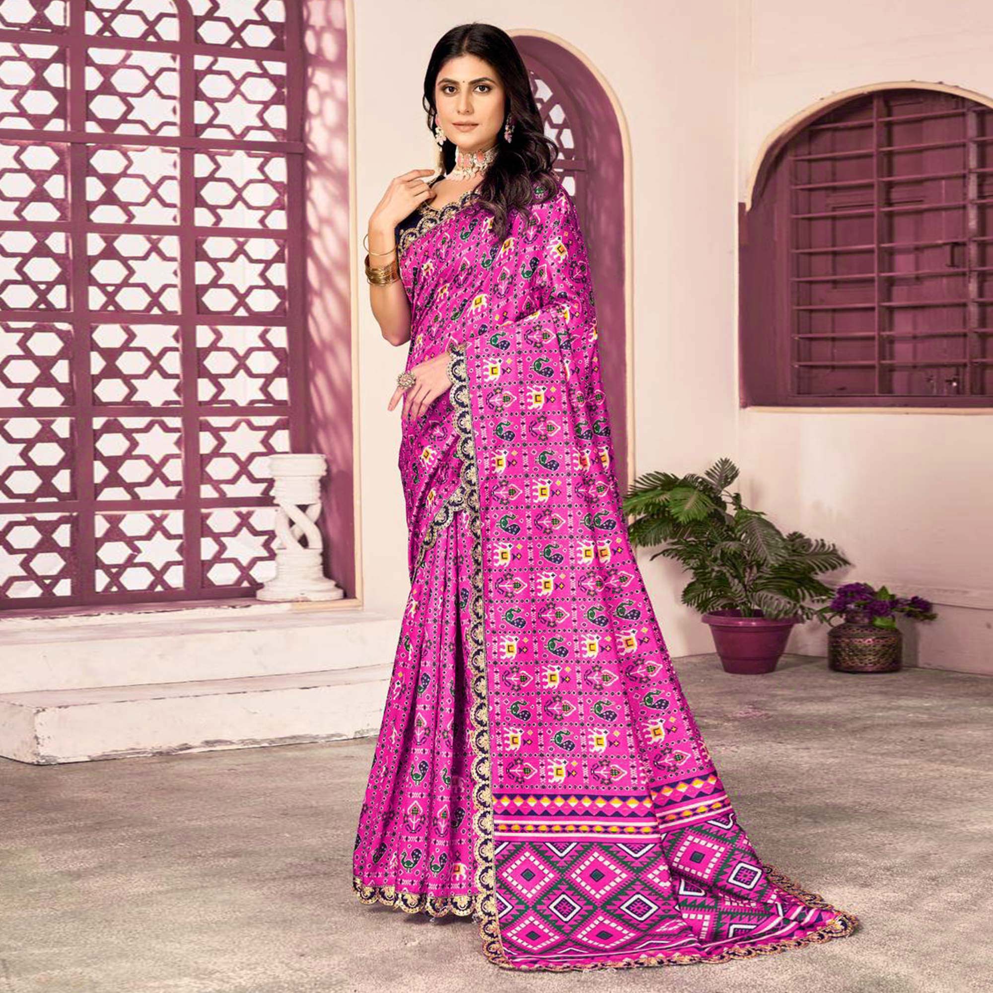 Pink Printed Patola Tussar Silk Saree