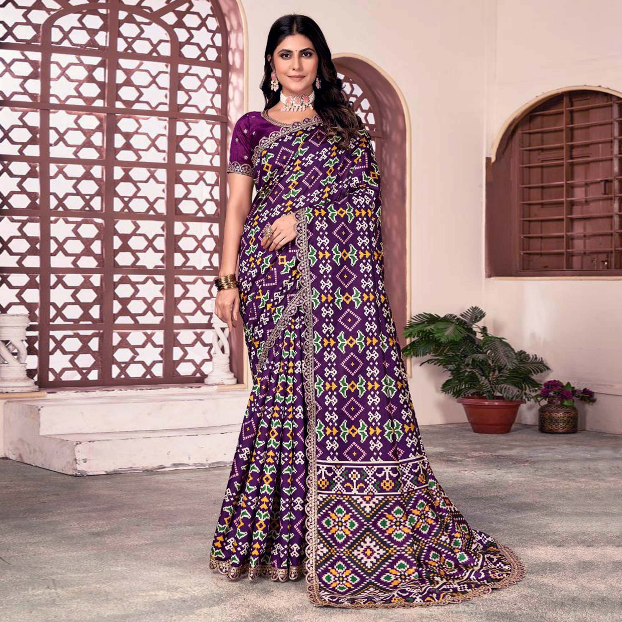 Wine Printed Patola Tussar Silk Saree