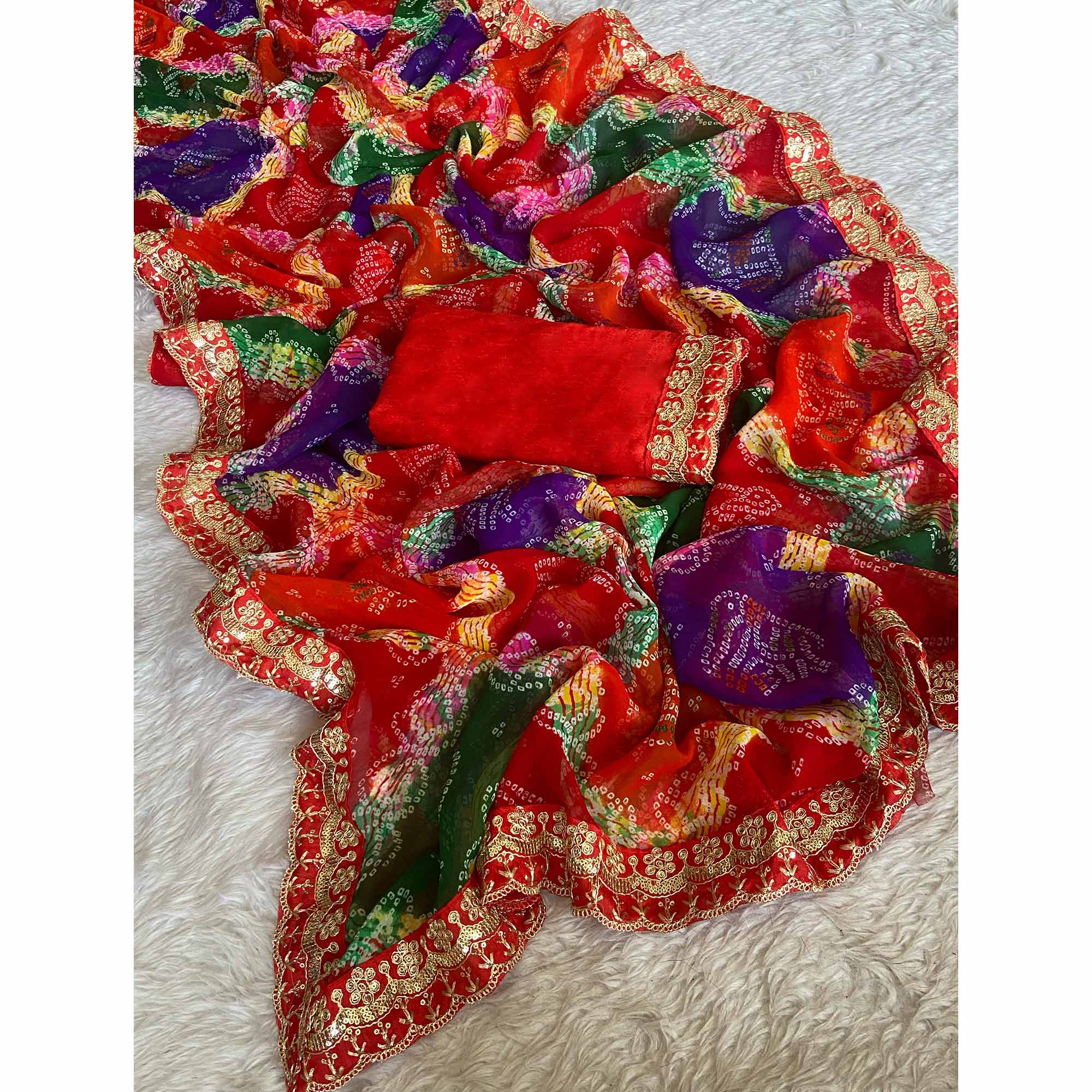 Red Georgette Saree with Bandhani Motifs and Elegant Border Embroidery