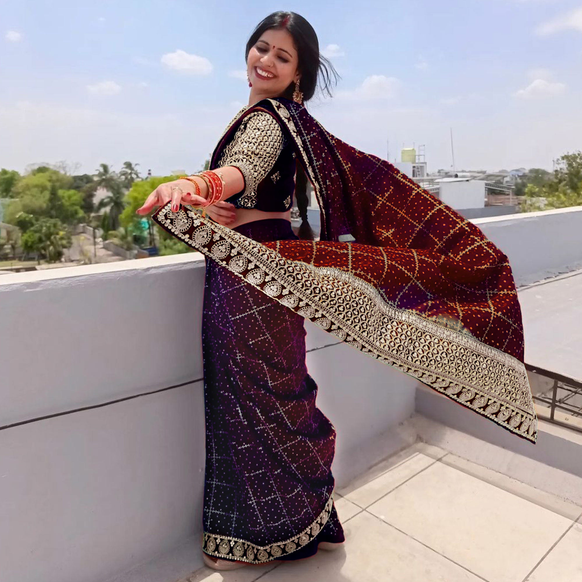 Maroon Printed With Embroidered Border Vichitra Silk Saree