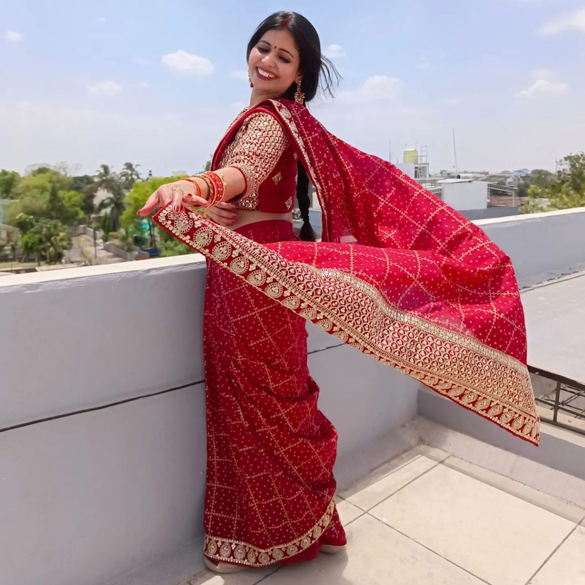 Red Printed With Embroidered Border Vichitra Silk Saree