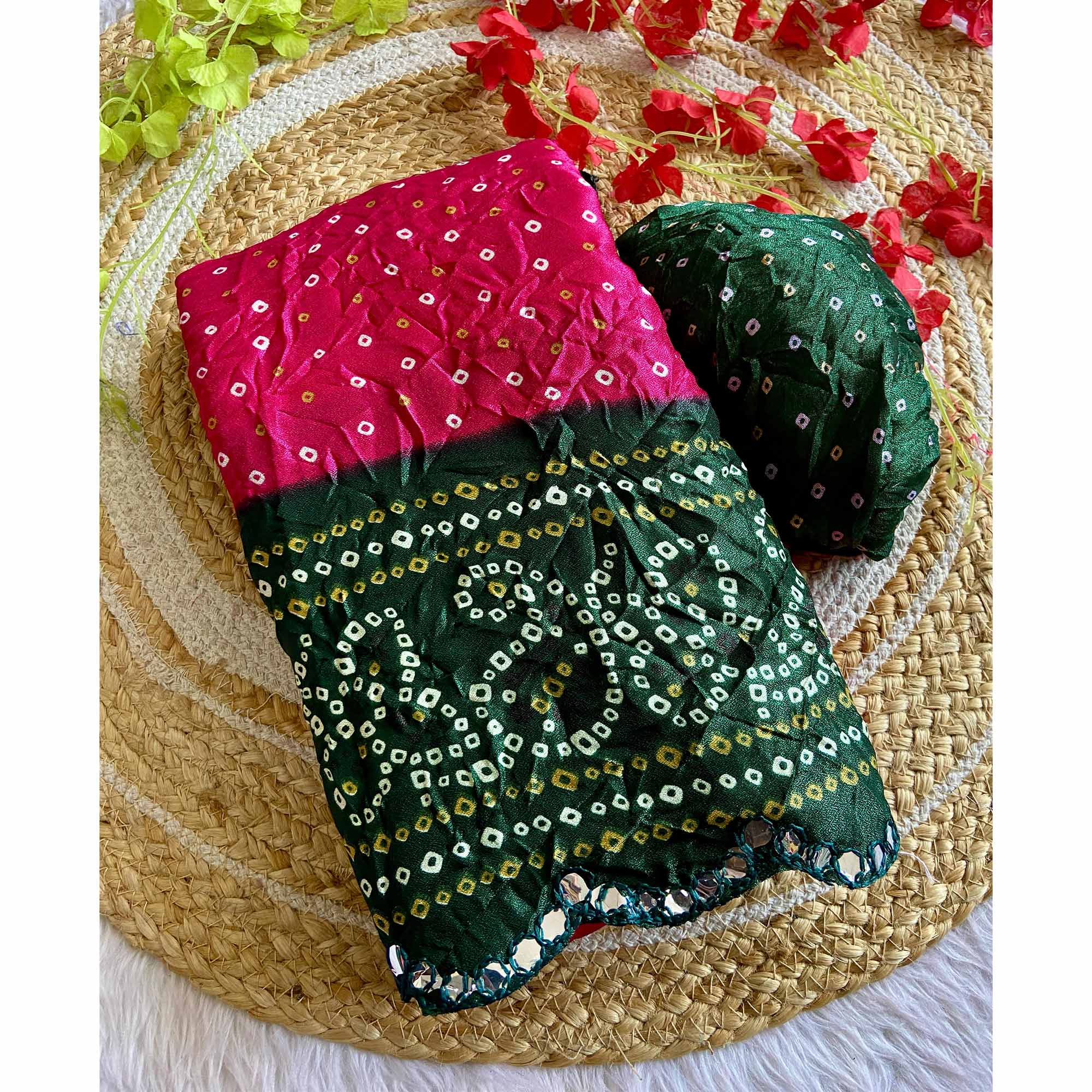 Pink Moss Chiffon Saree Featuring Classic Bandhani Print for a Timeless Look