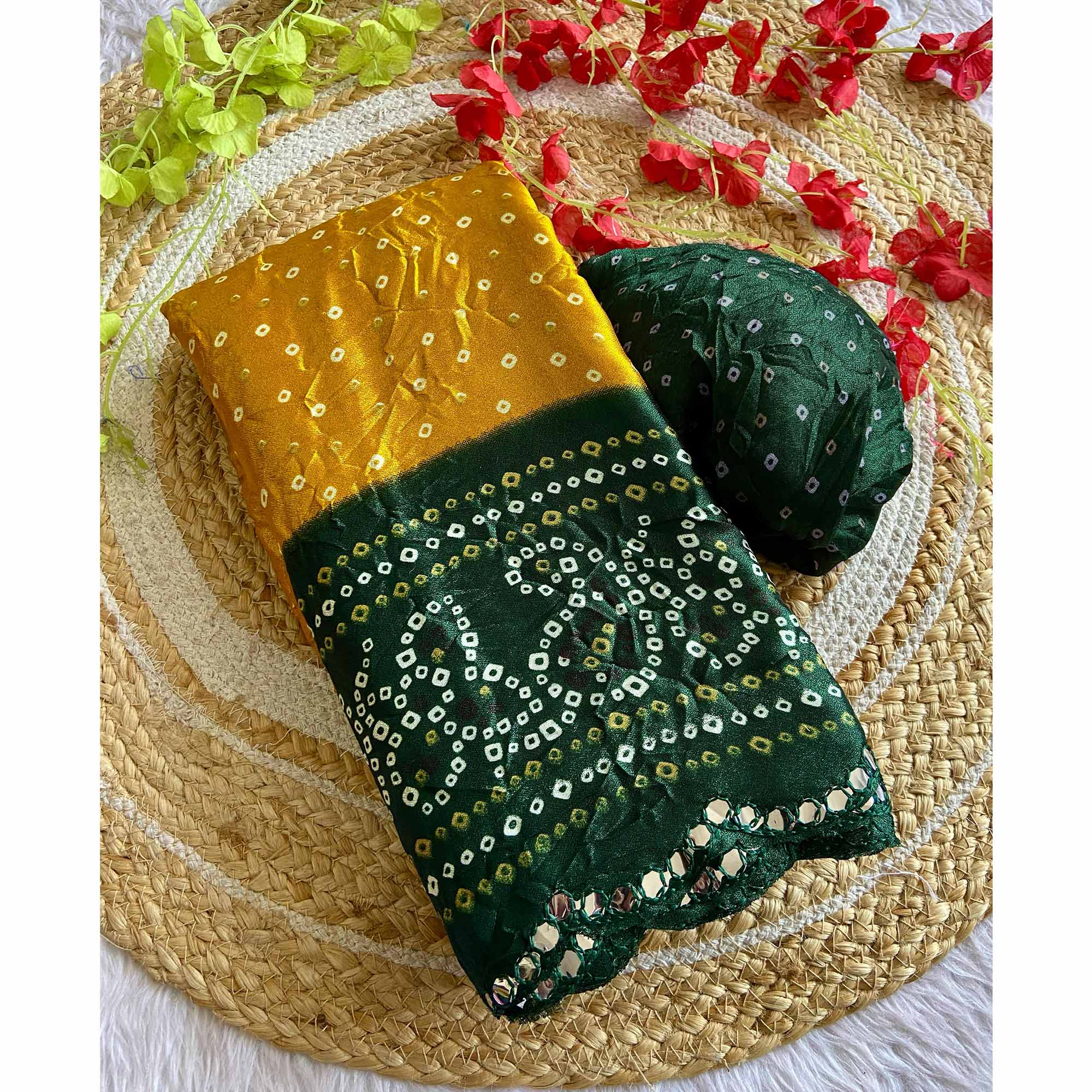 Mustard Moss Chiffon Saree Featuring Classic Bandhani Print for a Timeless Look