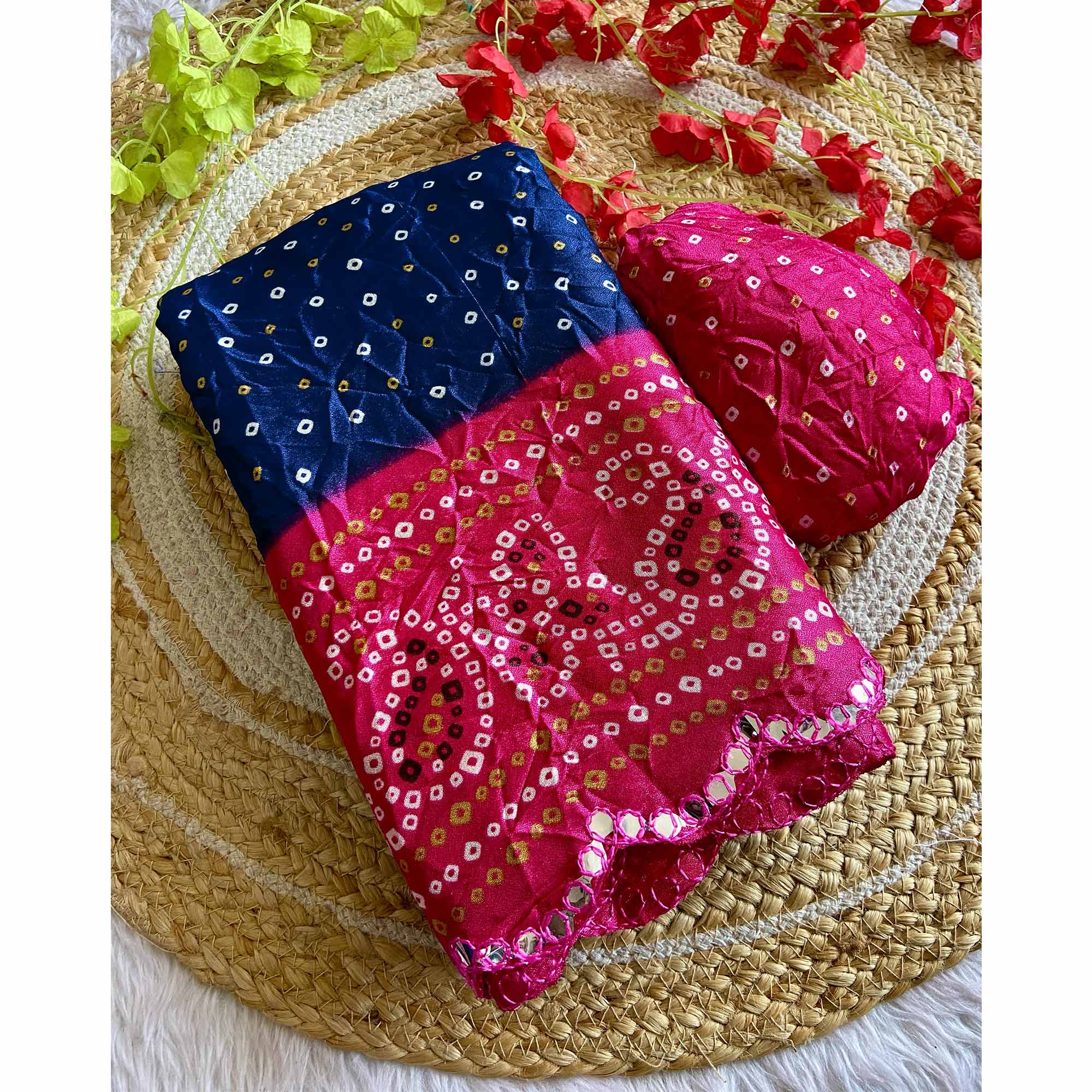 Blue Moss Chiffon Saree Featuring Classic Bandhani Print for a Timeless Look