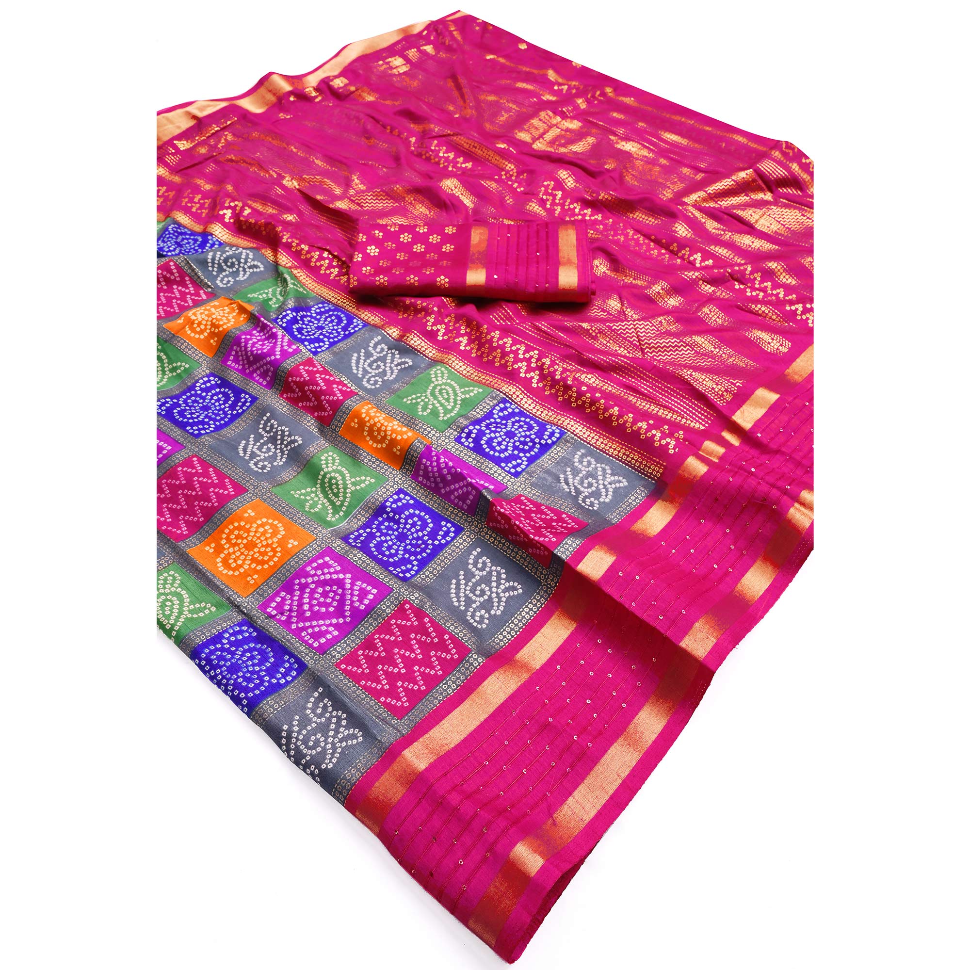 Vibrant Multicolor Dola Silk Saree Highlighted with Foil Bandhani and Woven Borders