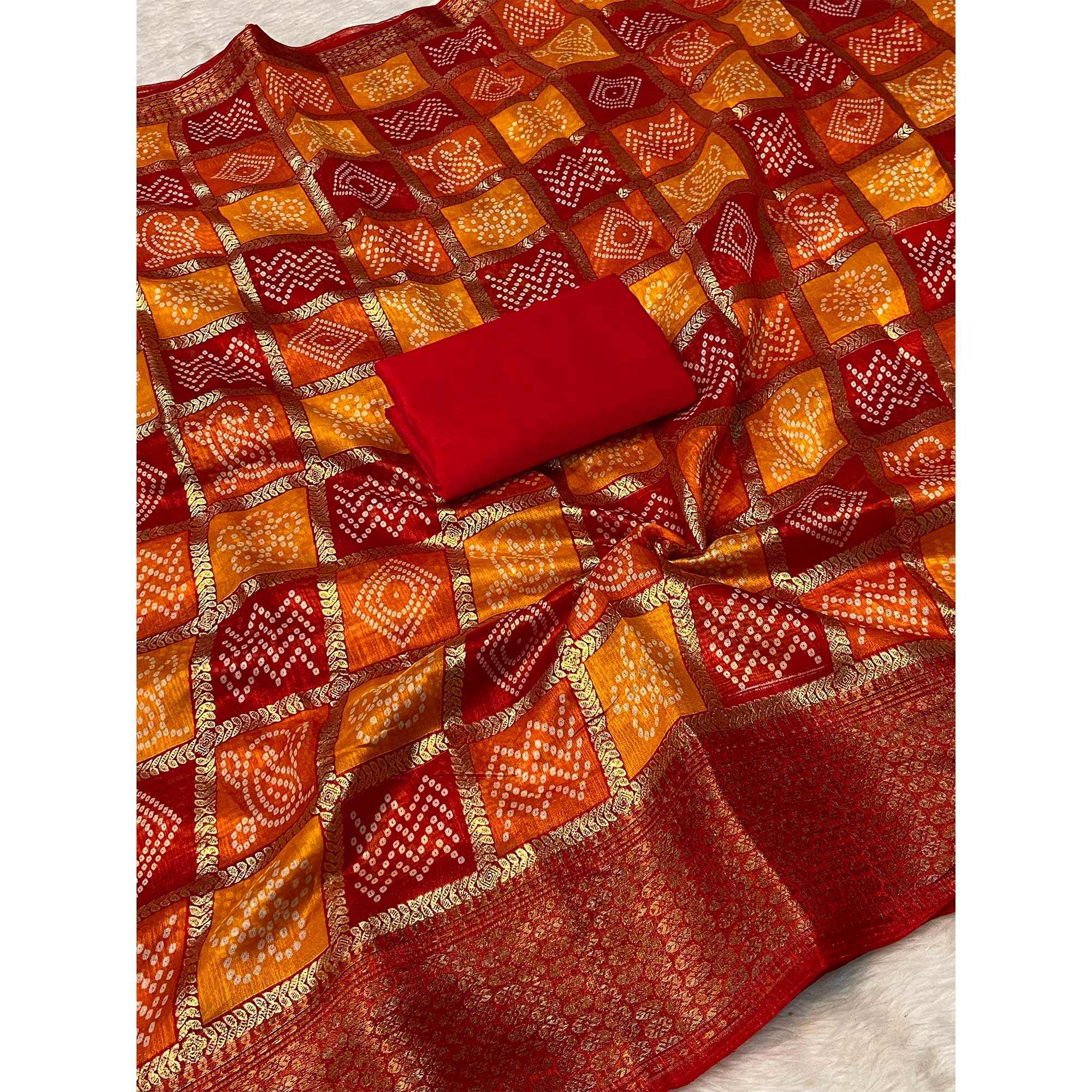 Red & Orange Bandhani Foil Printed Dola Silk Saree With Woven Border