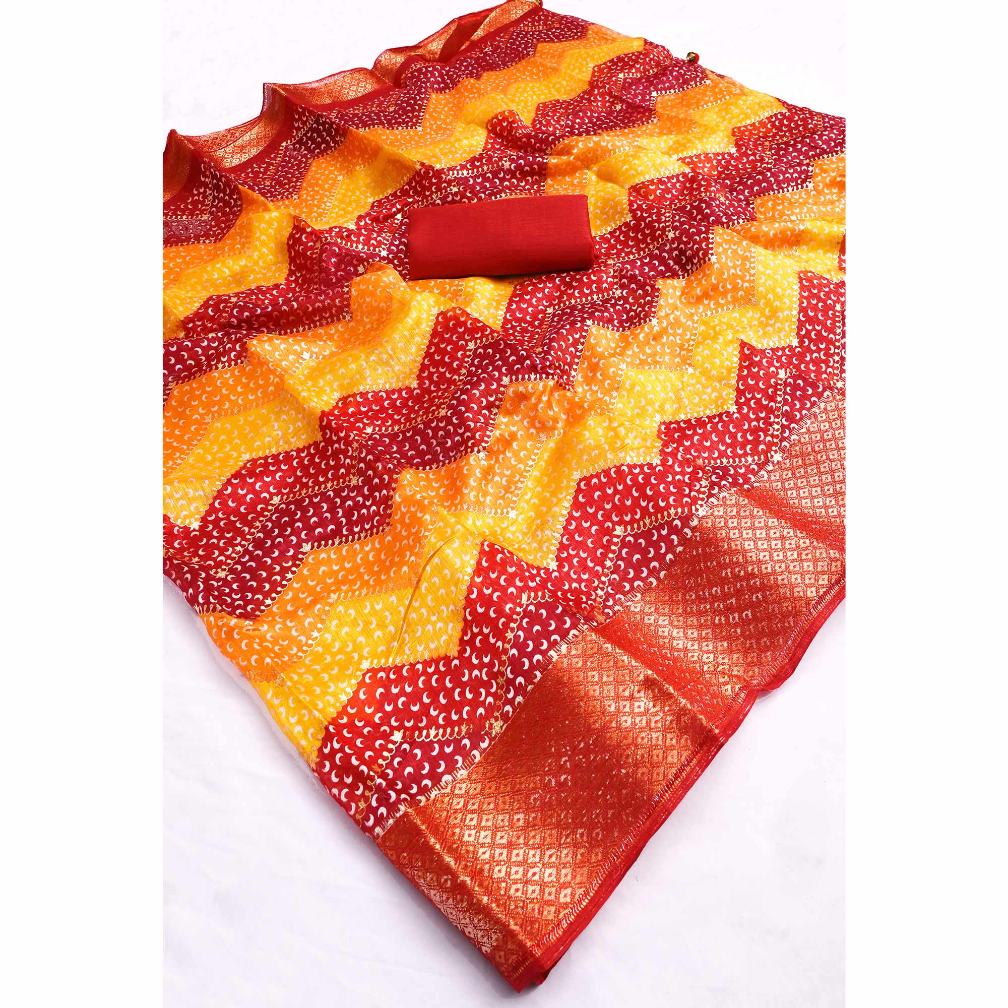 Vibrant Red & Yellow Dola Silk Saree Highlighted with Foil Bandhani and Woven Borders