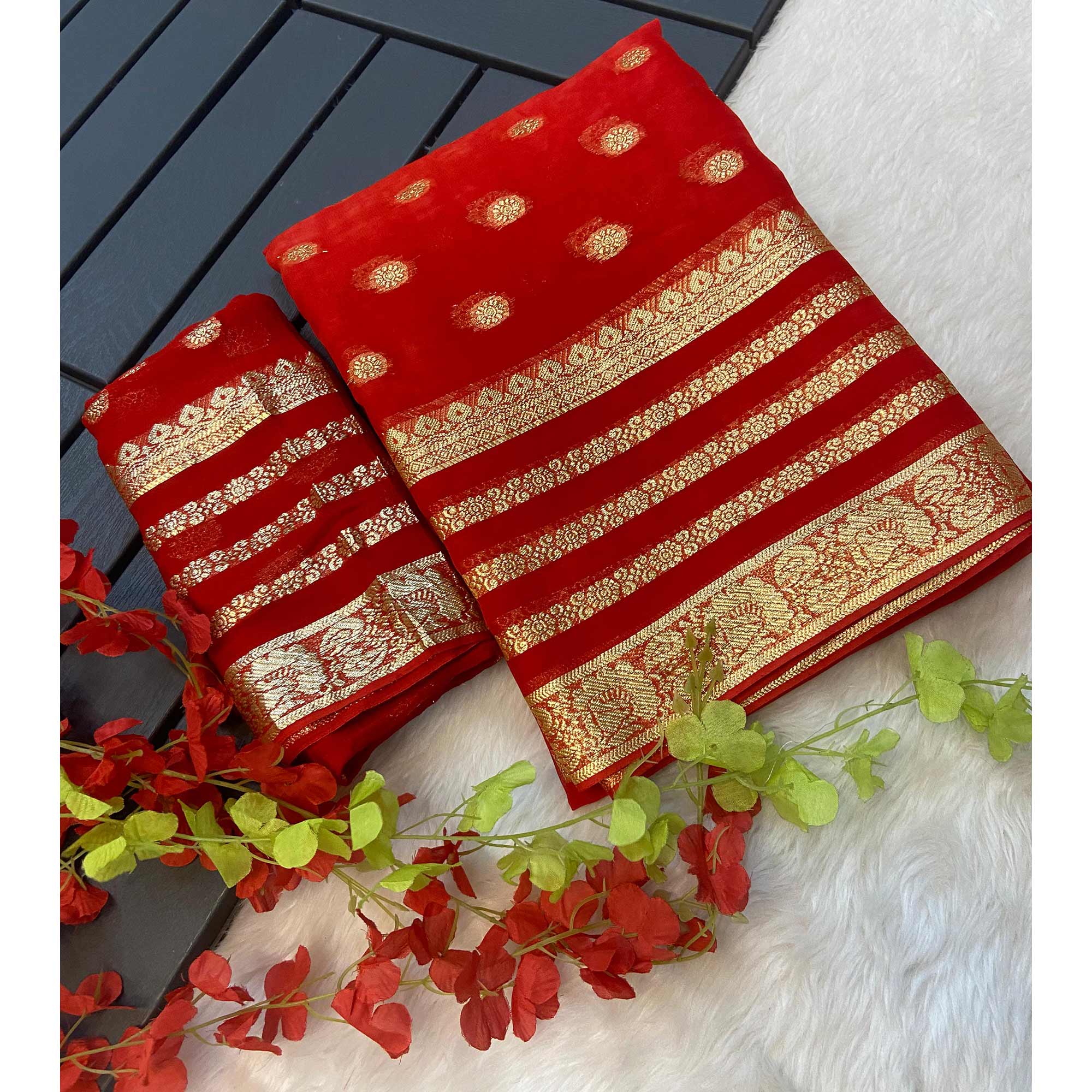 Red Zari Weaving Georgette Saree