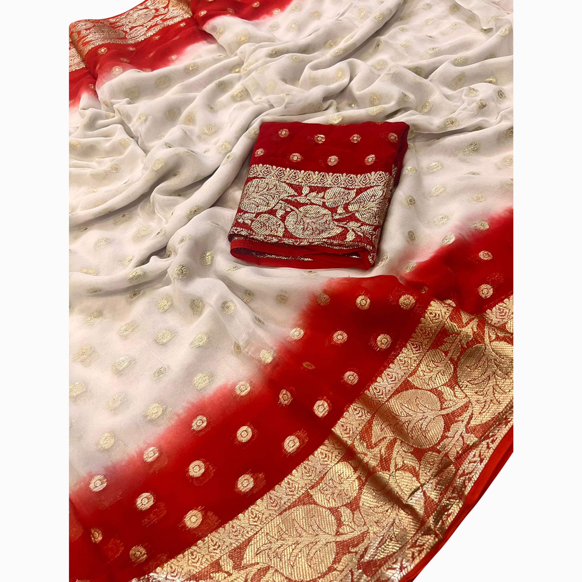 White & Red Zari Woven Viscose Saree