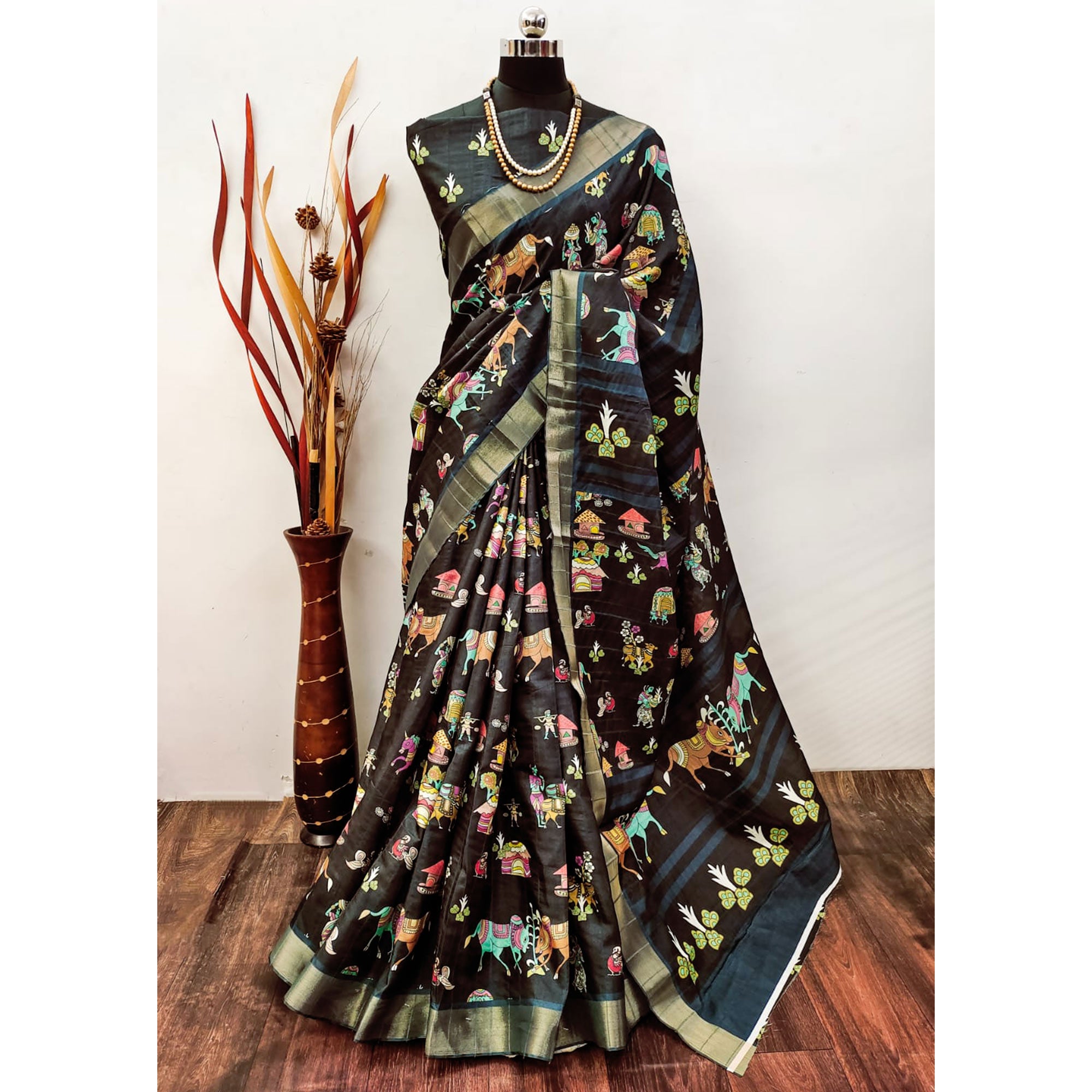 Black Digital Printed Dola Silk Saree