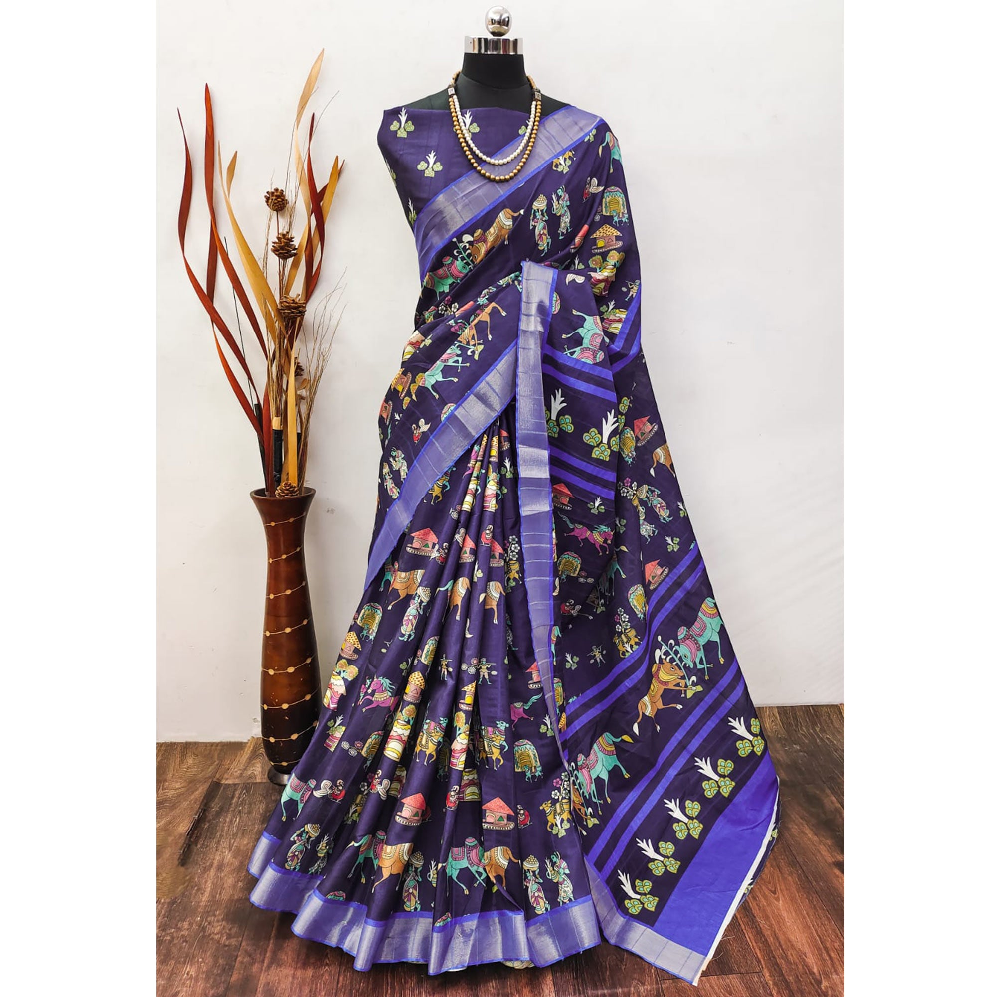 Blue Digital Printed Dola Silk Saree