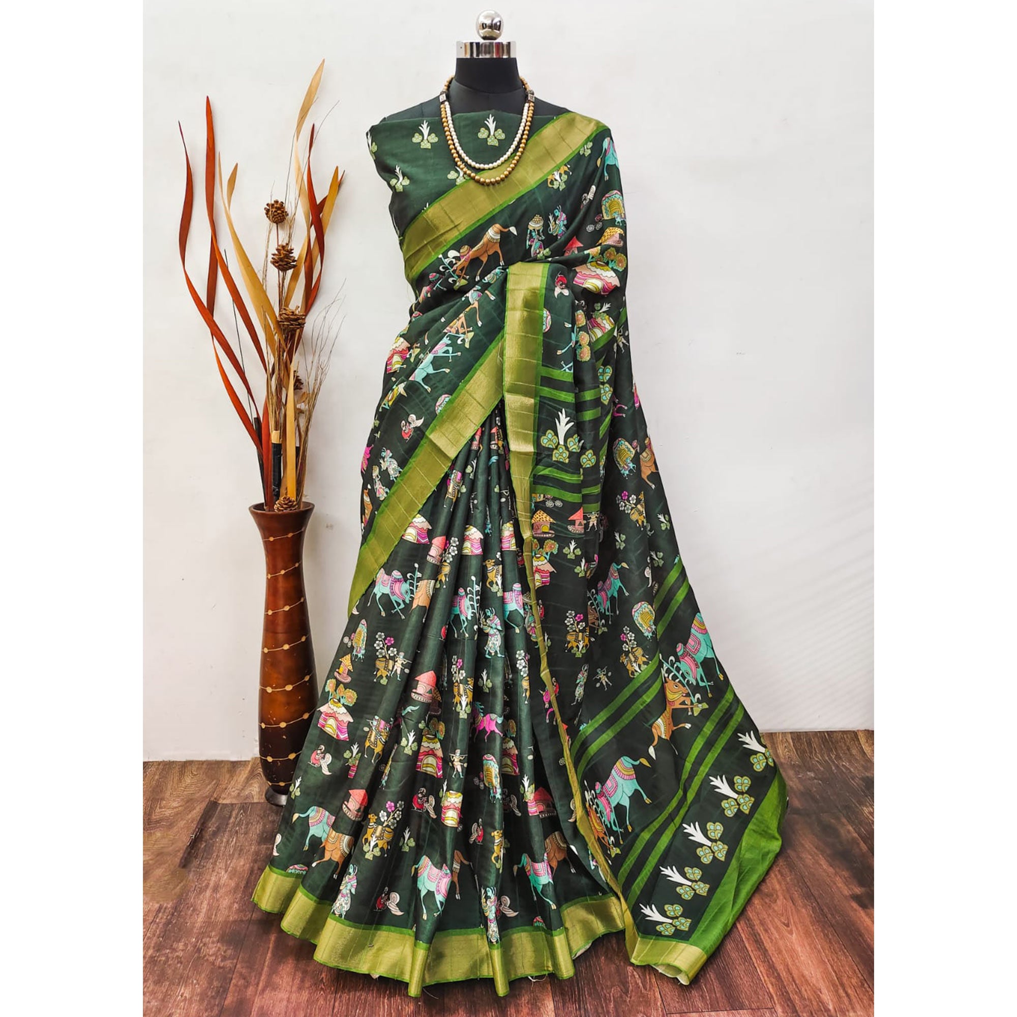 Green Digital Printed Dola Silk Saree