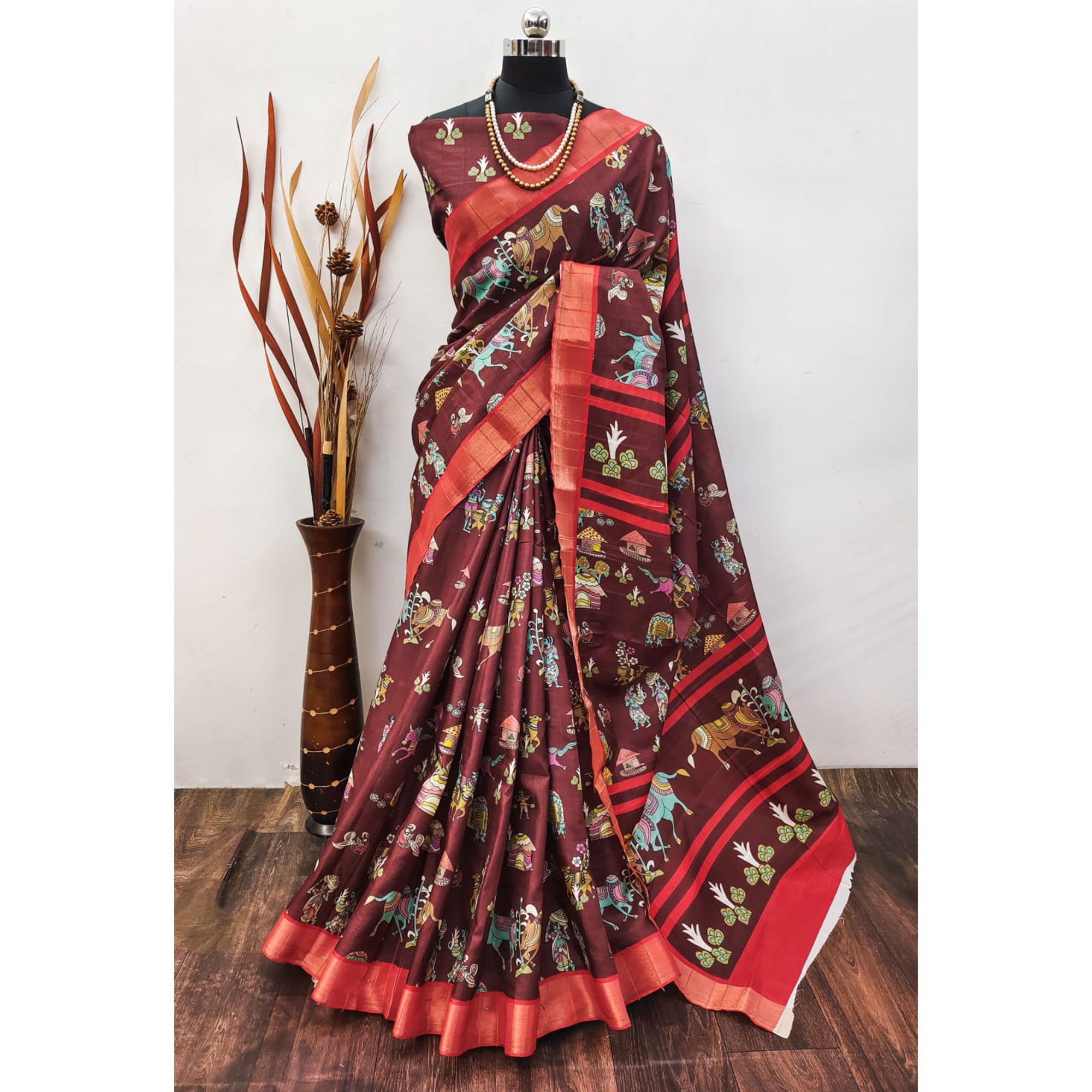 Maroon Digital Printed Dola Silk Saree