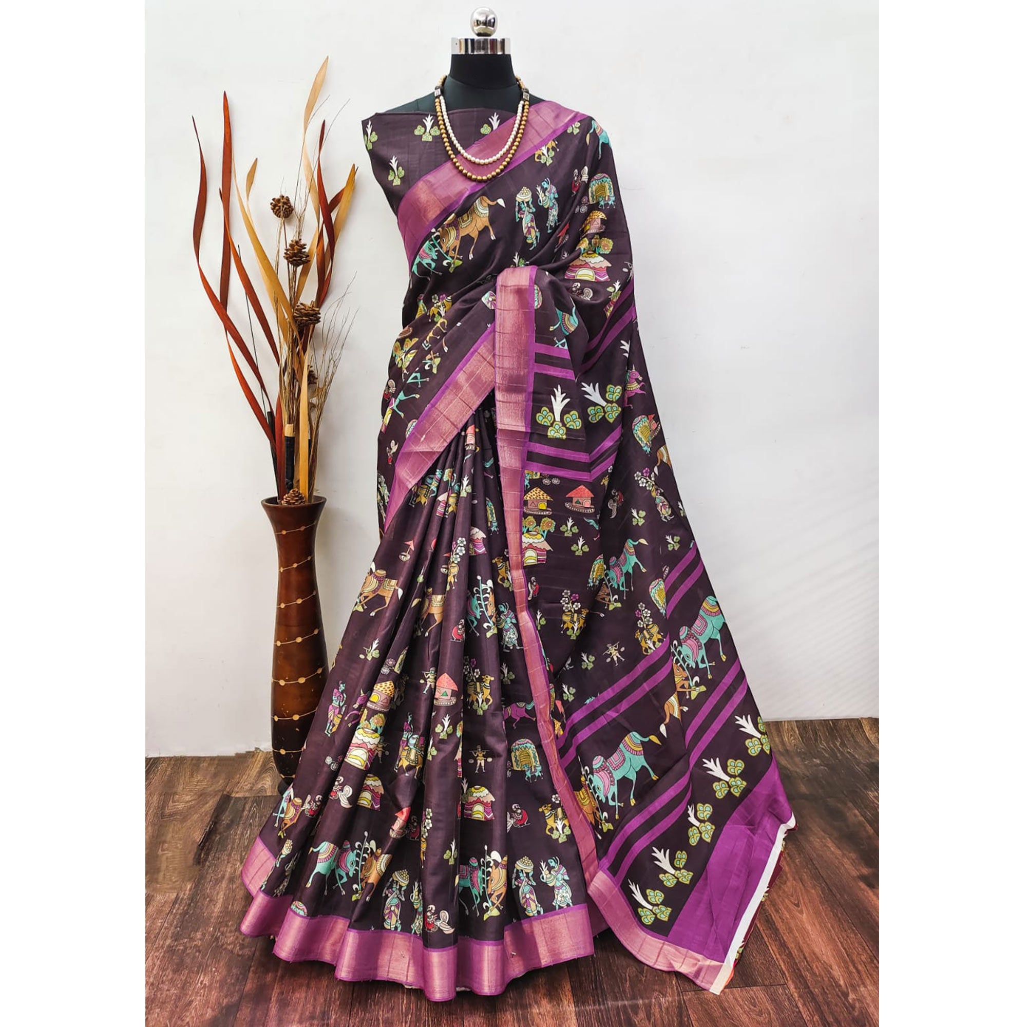 Wine Digital Printed Dola Silk Saree