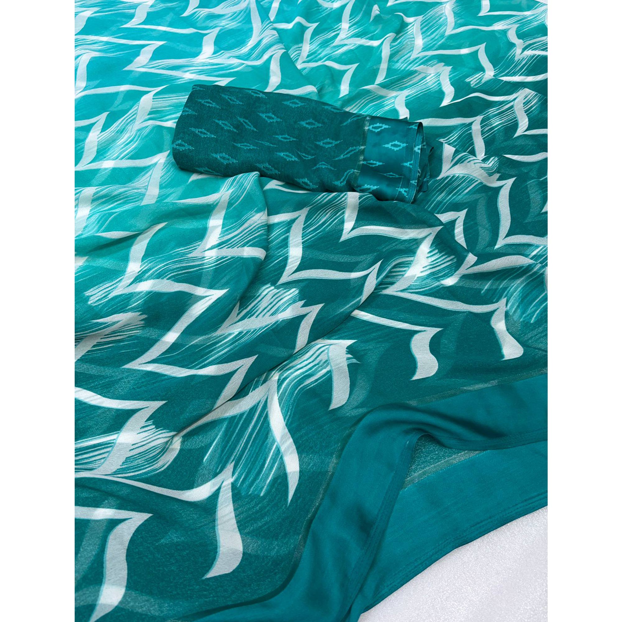 Teal Shibori Printed Chiffon Saree