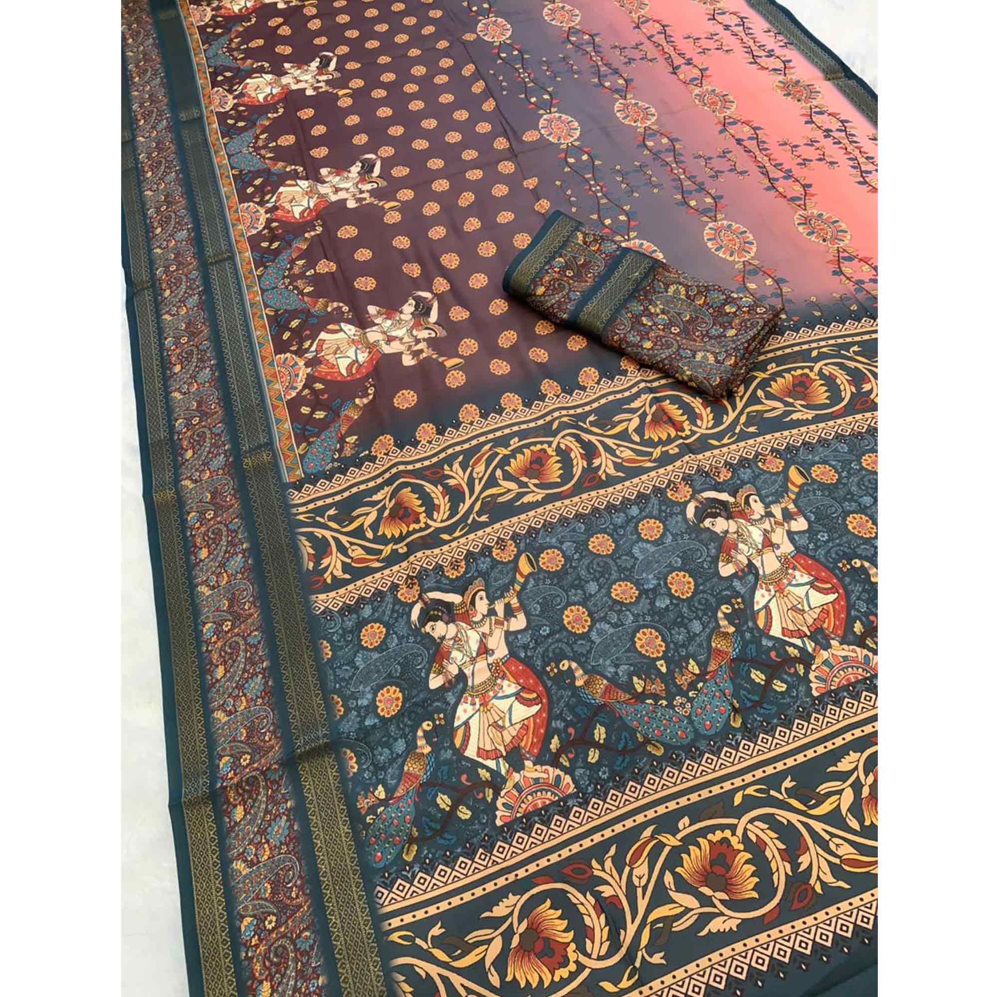 Dark Brown Floral Moss Georgette Saree with Elegant Drape & Soft Texture