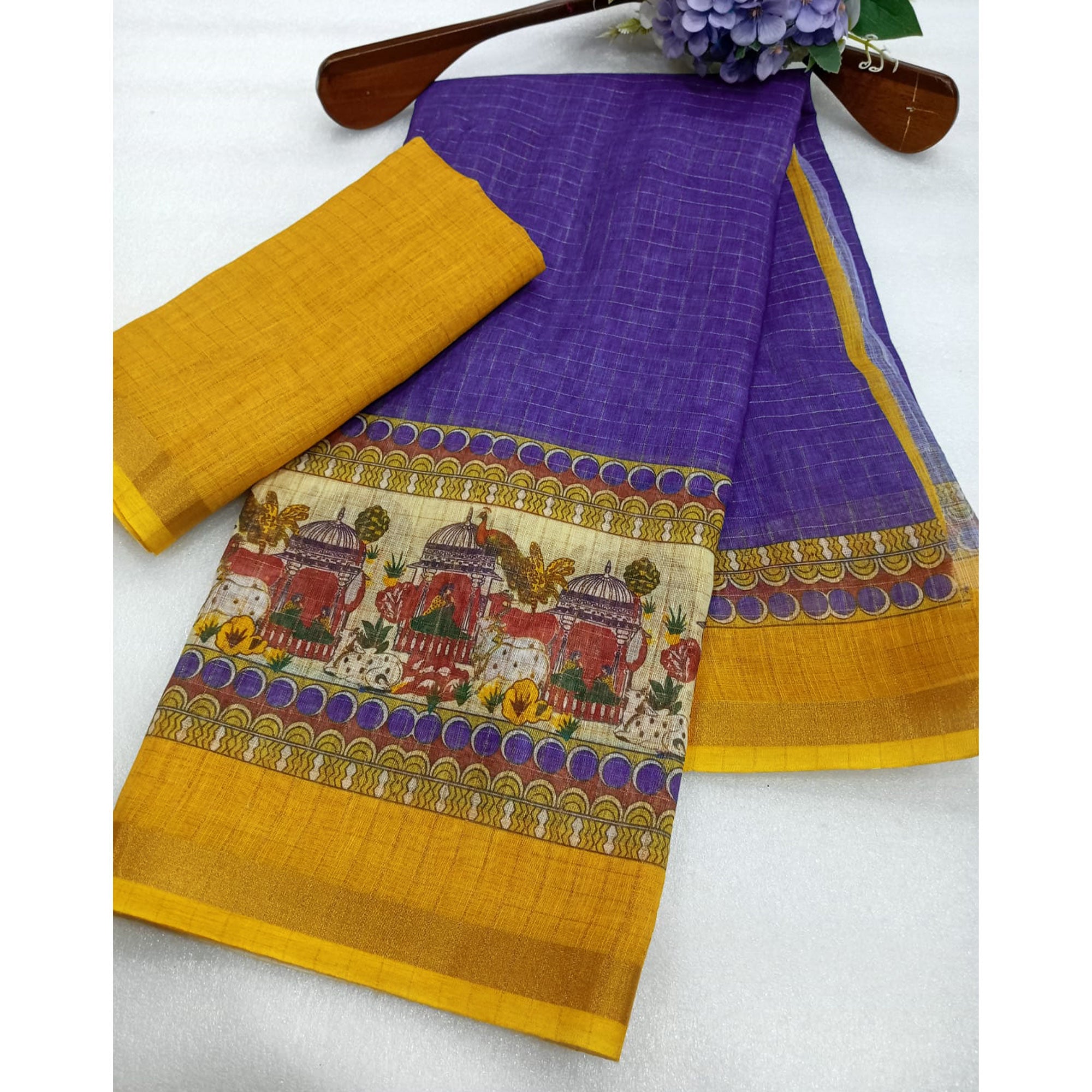 Purple Checks Zari Woven With Printed Linen Saree