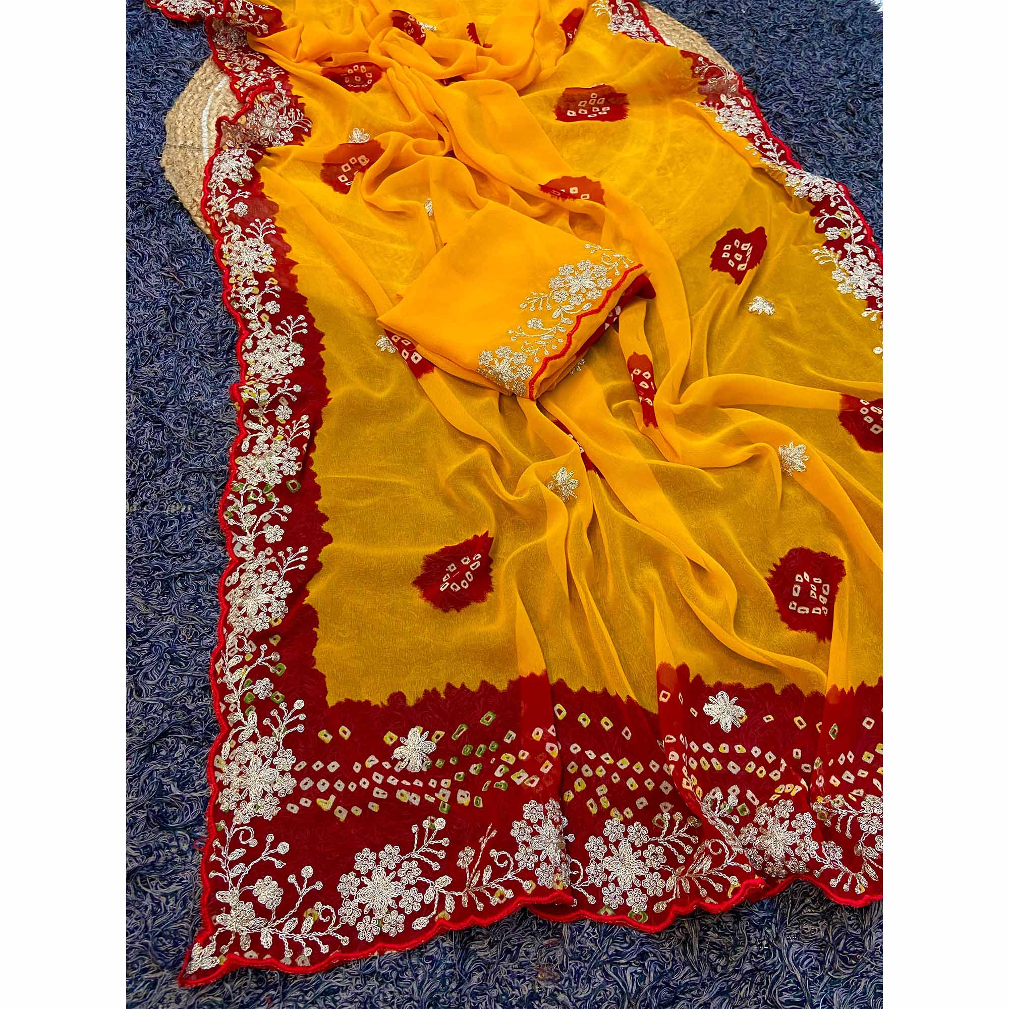 Yellow Bandhani Printed Georgette Saree With Embroidered Border