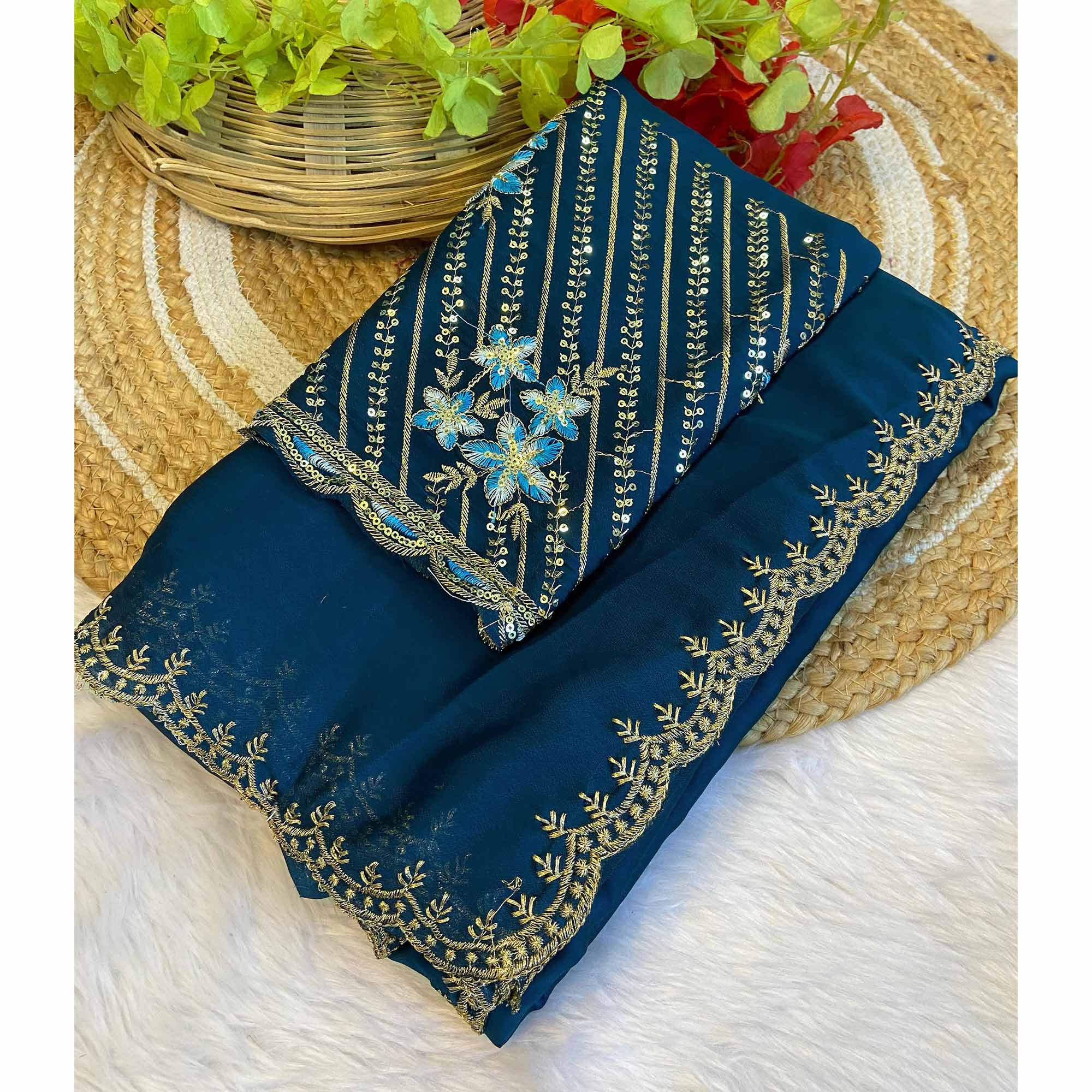 Morpich Blue Zari Embroidered Organza Saree