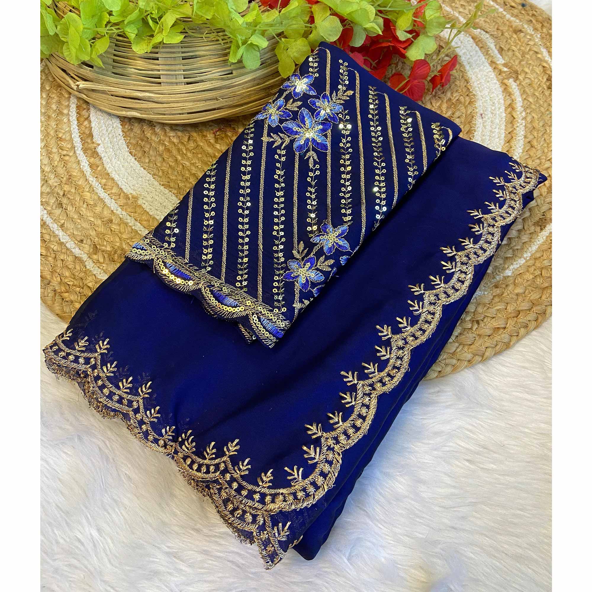 Navy Blue Zari Embroidered Organza Saree