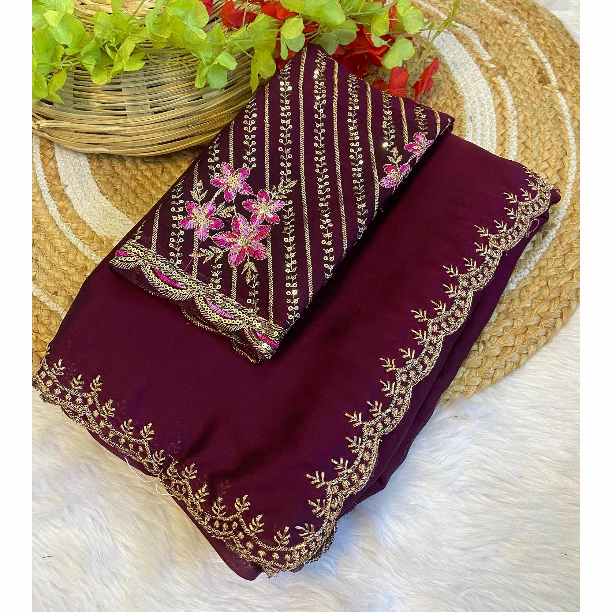 Wine Zari Embroidered Organza Saree