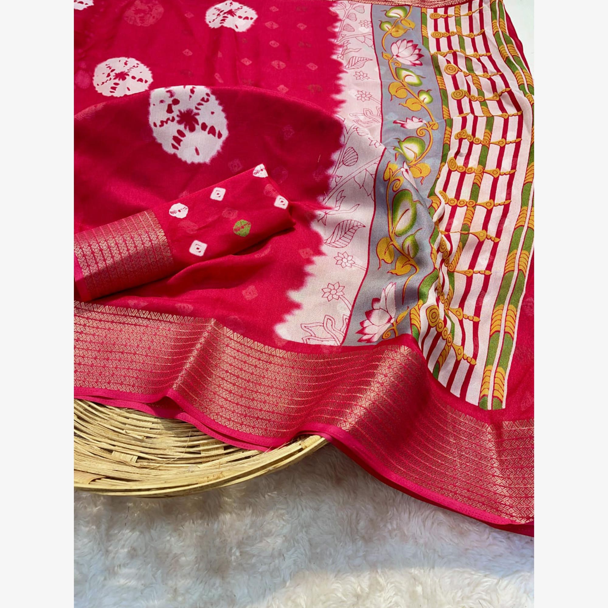 Pink Batik Printed Moss Georgette Saree With Zari Border