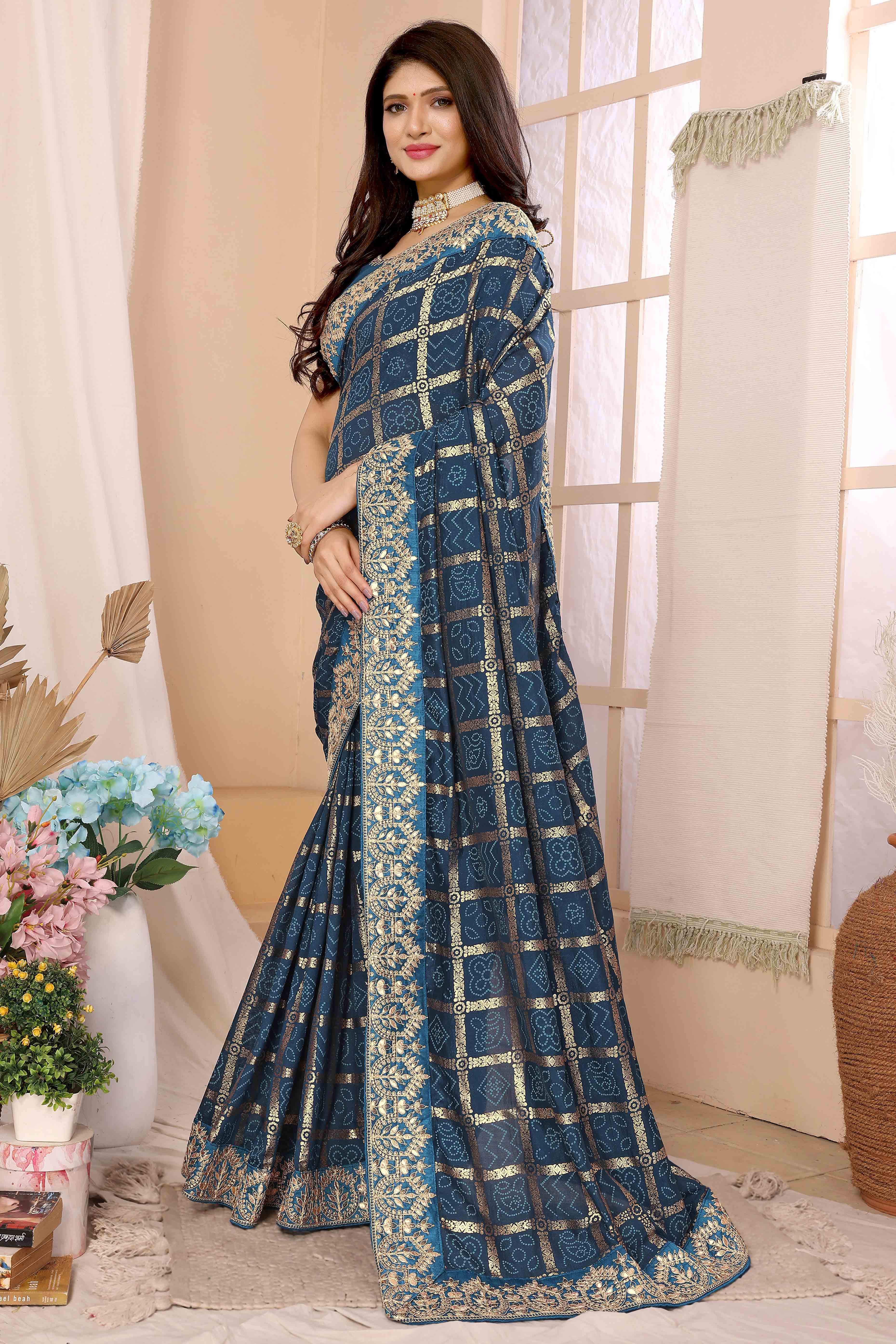 Blue Bandhani Printed Vichitra Silk Saree With Embroidered Border