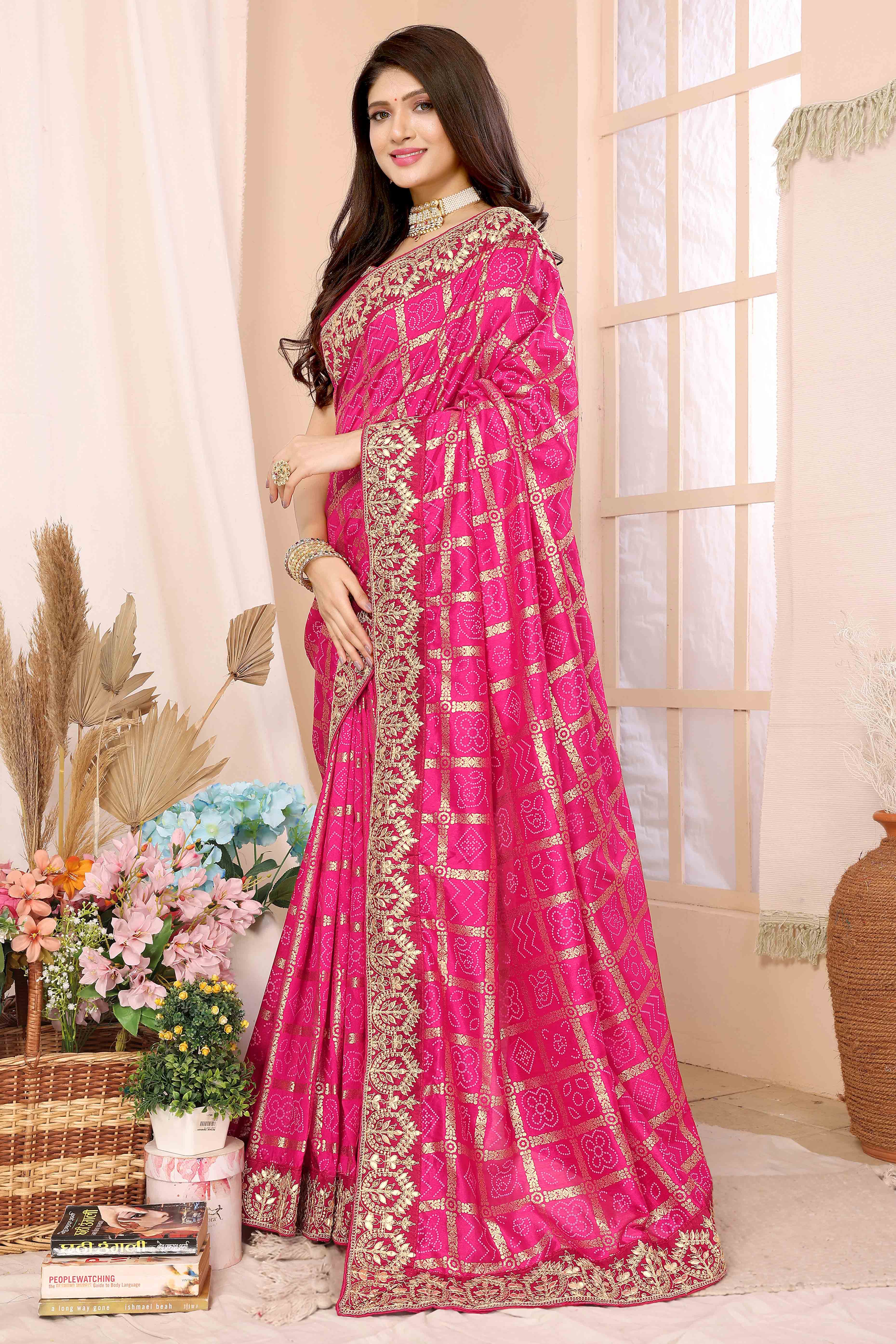 Pink Bandhani Printed Vichitra Silk Saree With Embroidered Border
