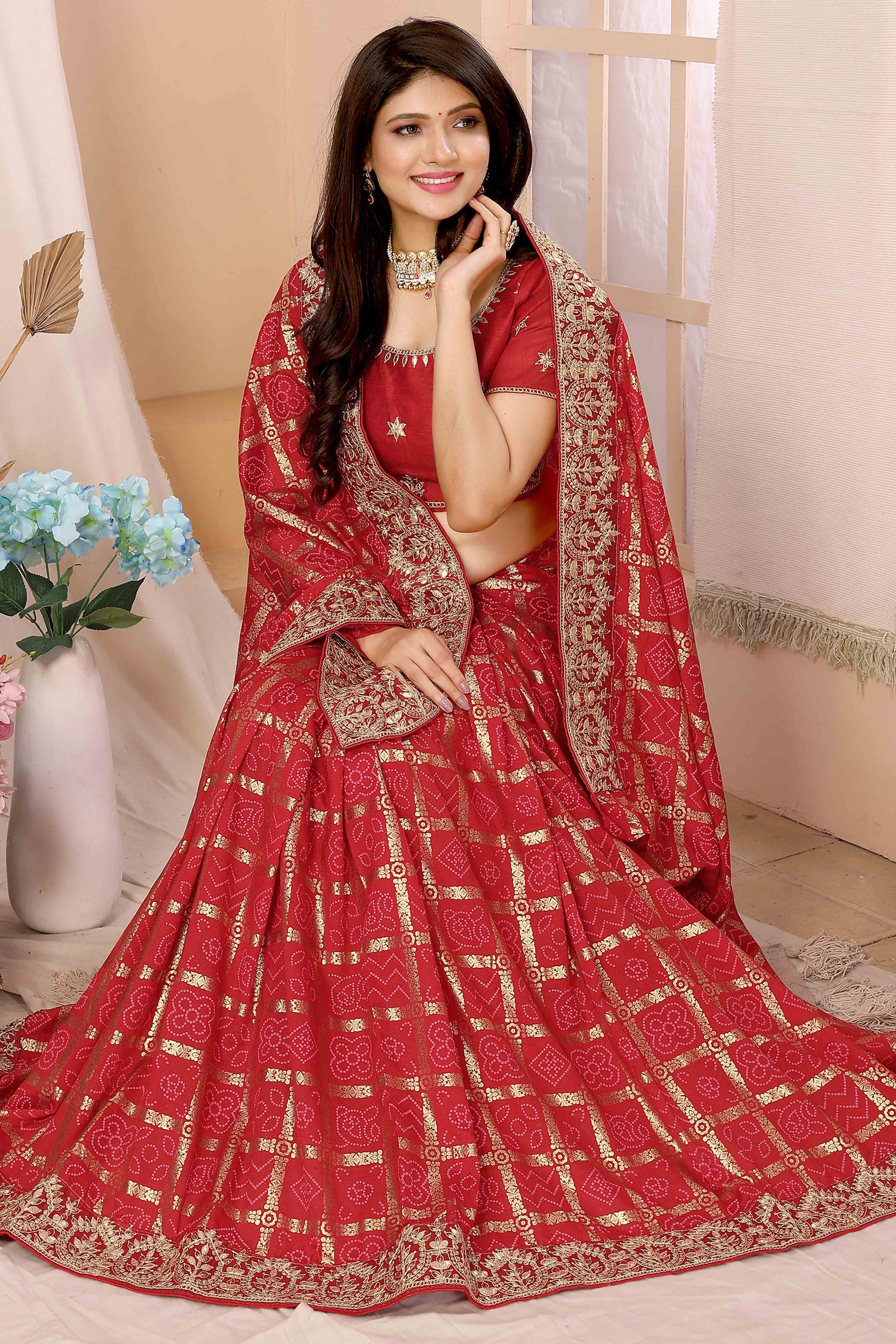 Red Bandhani Printed Vichitra Silk Saree With Embroidered Border