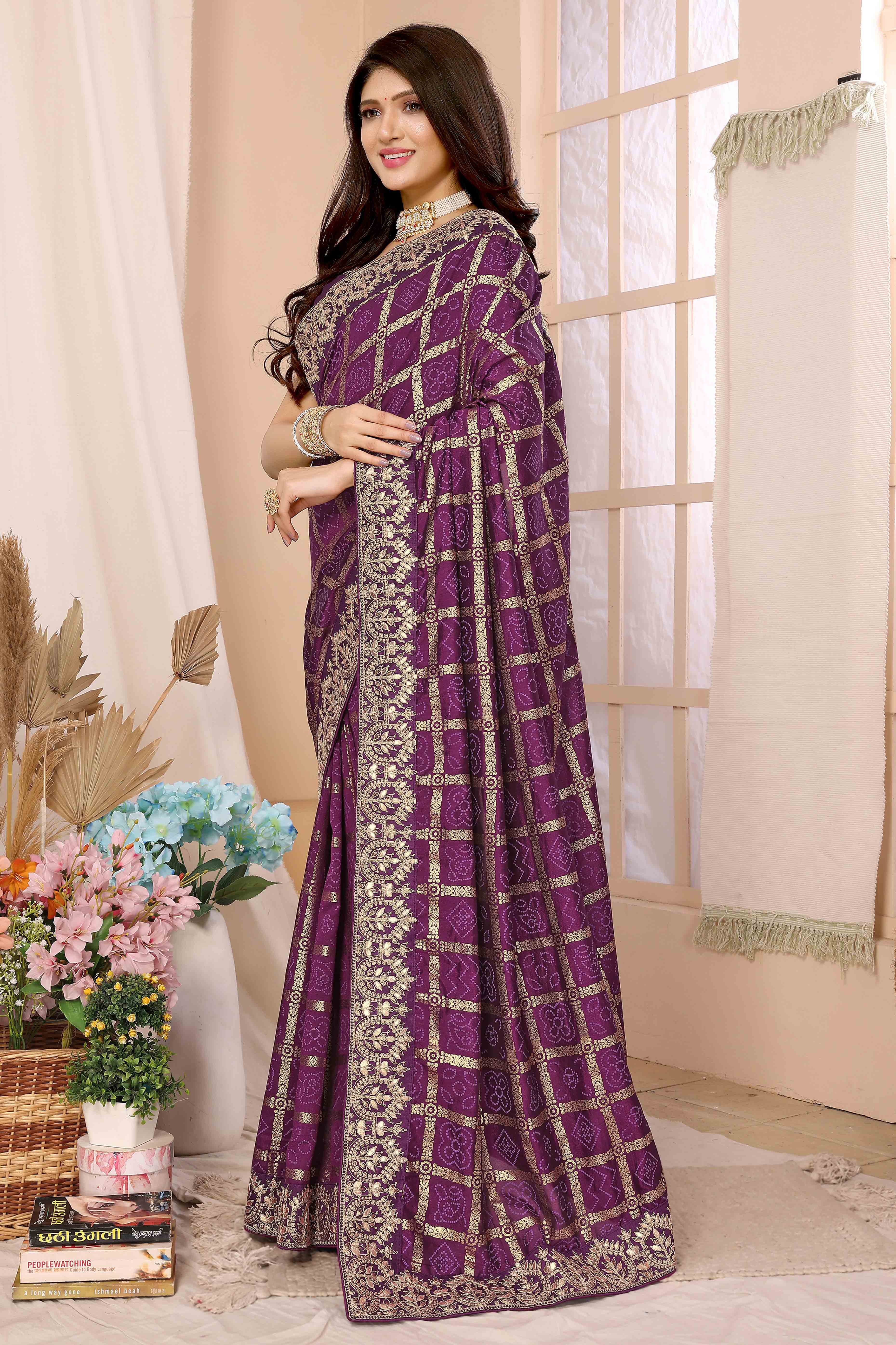 Wine Bandhani Printed Vichitra Silk Saree With Embroidered Border