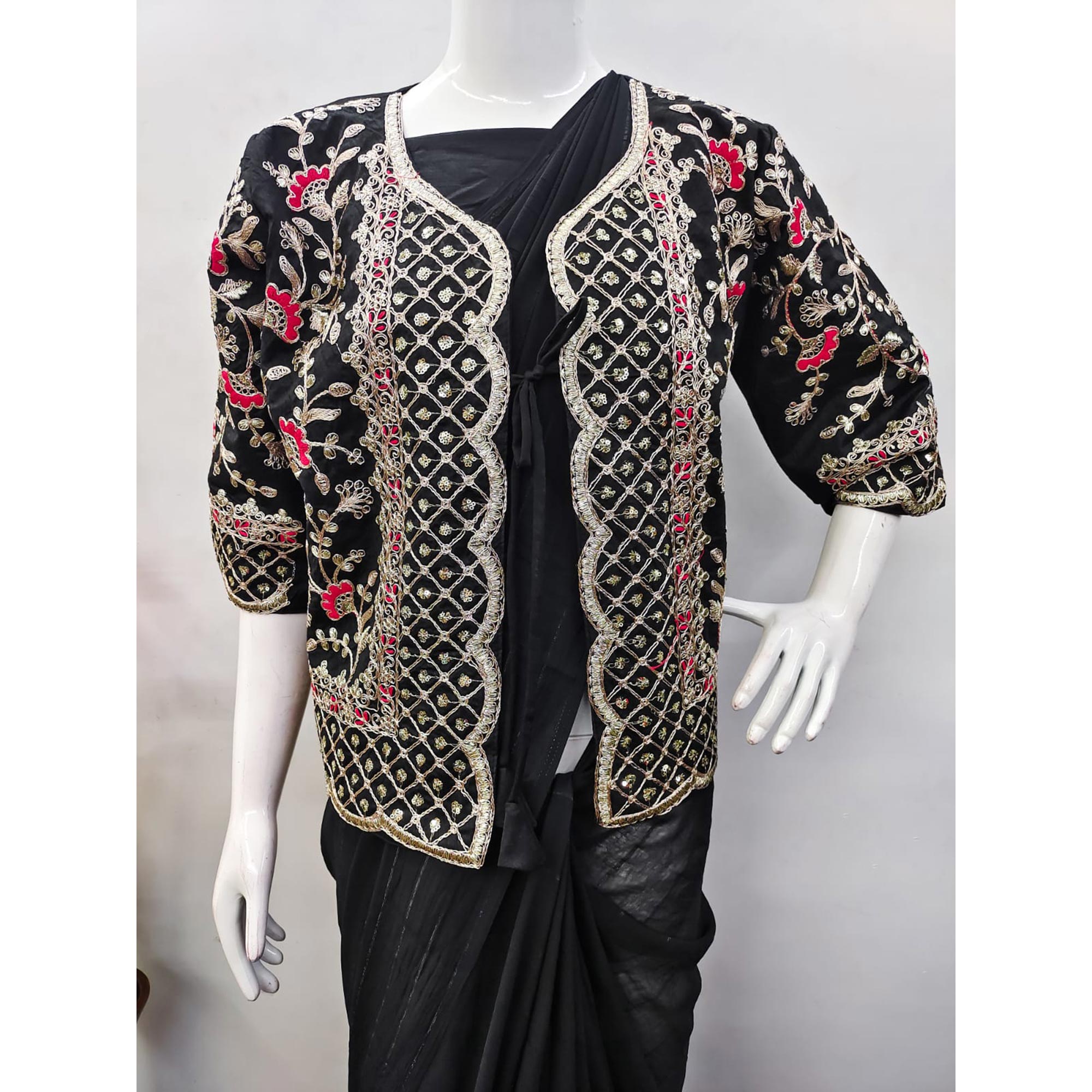 Black Woven Georgette Saree With Embroidered Jacket