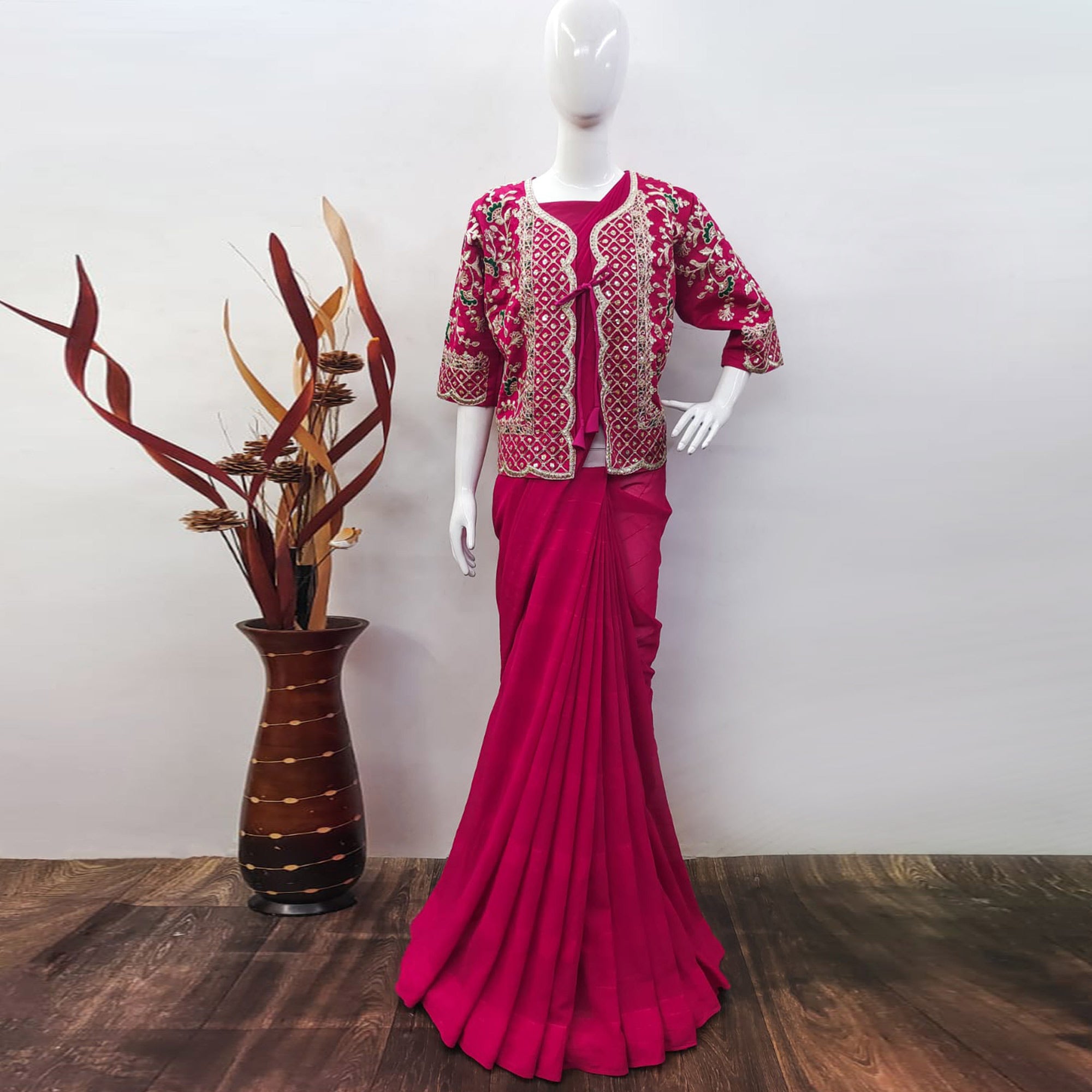 Pink Woven Georgette Saree With Embroidered Jacket